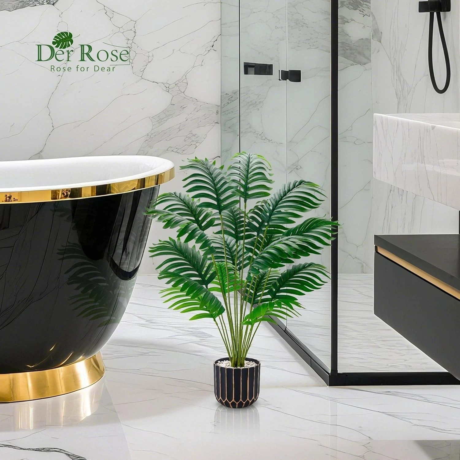 Realistic 28” Tall Faux Palm Tree with Black & Gold Pot for Stylish Home Decor