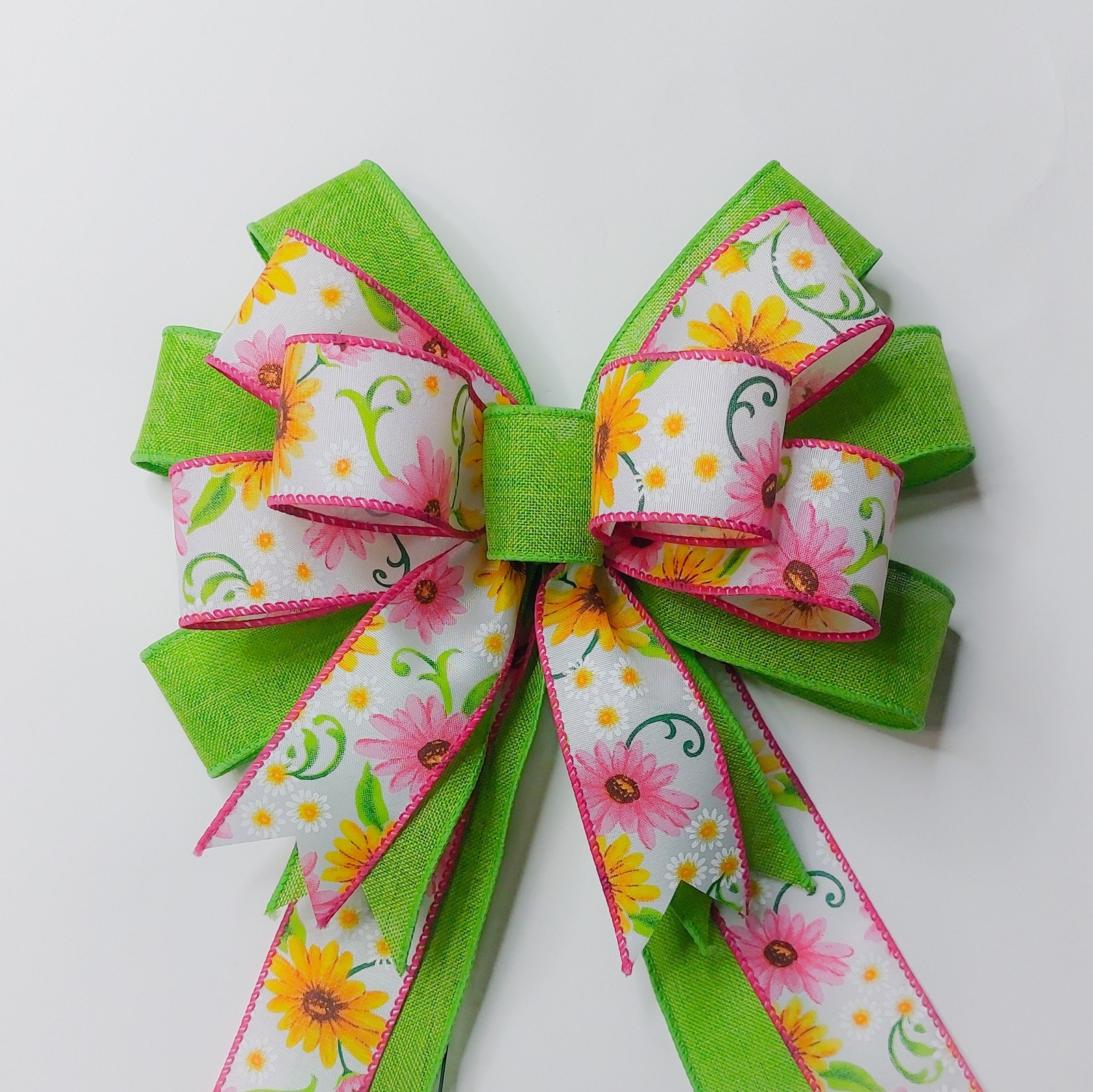 Yellow and Pink Daisies with Green, Wreath Bow, Size Small