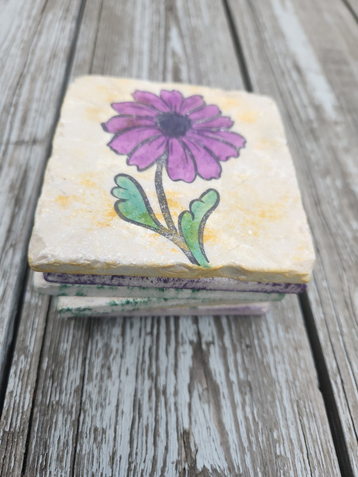 Handmade Floral Stone Tile Coasters Set 6 Flower Art Unique Home Decor Gift