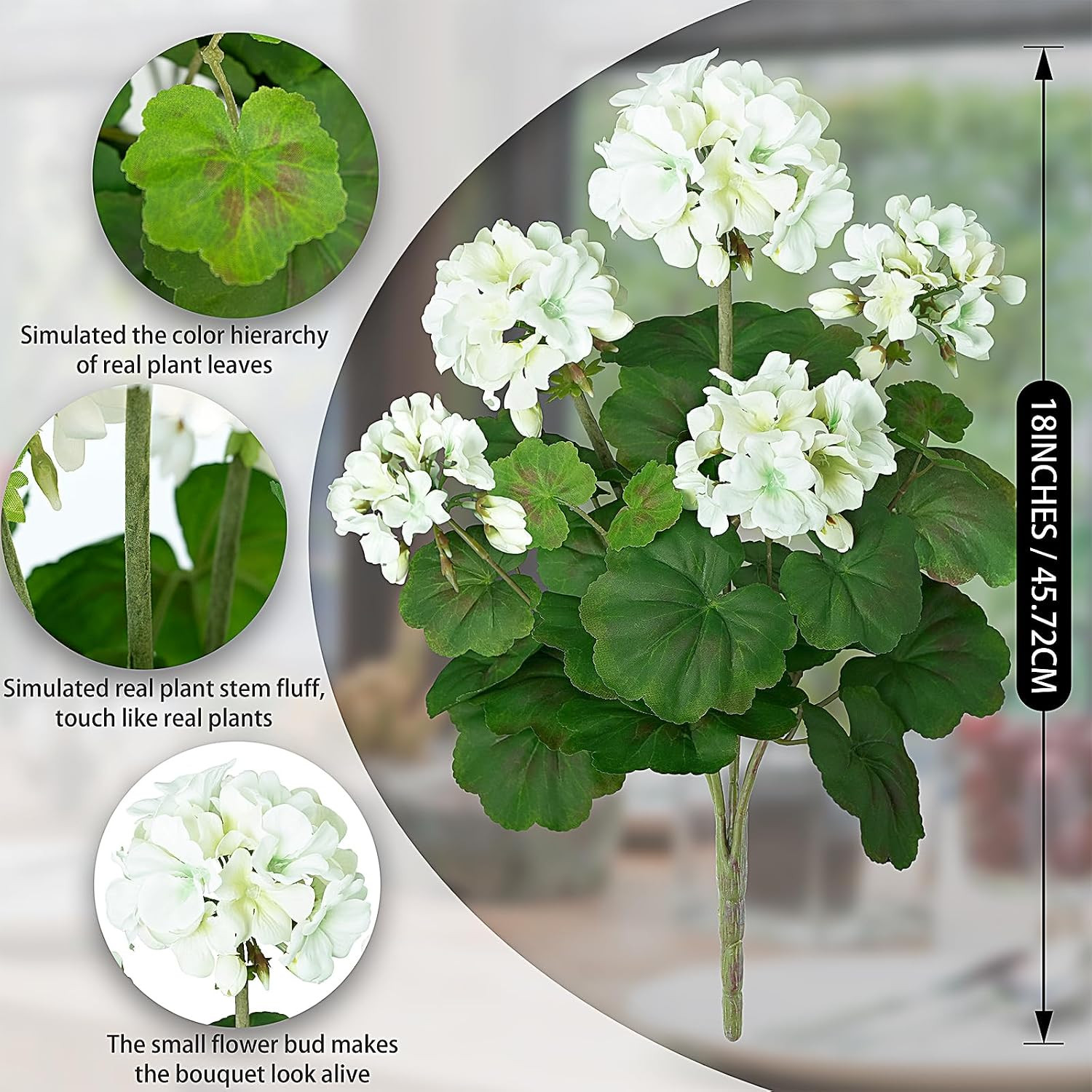 2 PCS 18″ Artificial Geraniums for Outdoors, UV Resistant White Silk Flowers for