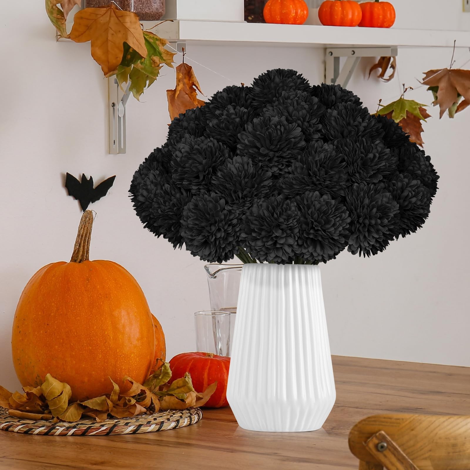 36 PCS Black Artificial Chrysanthemums Silk Fake Mums Halloween Gothic Decor
