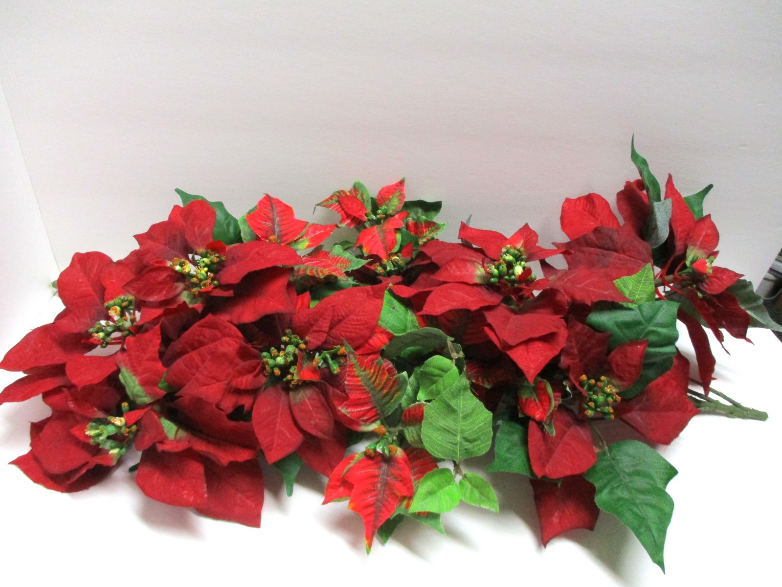 5 Stems Deep Red Silk Poinsettia Bouquet / Bush with 7-8 Flowers 5″ to 9″