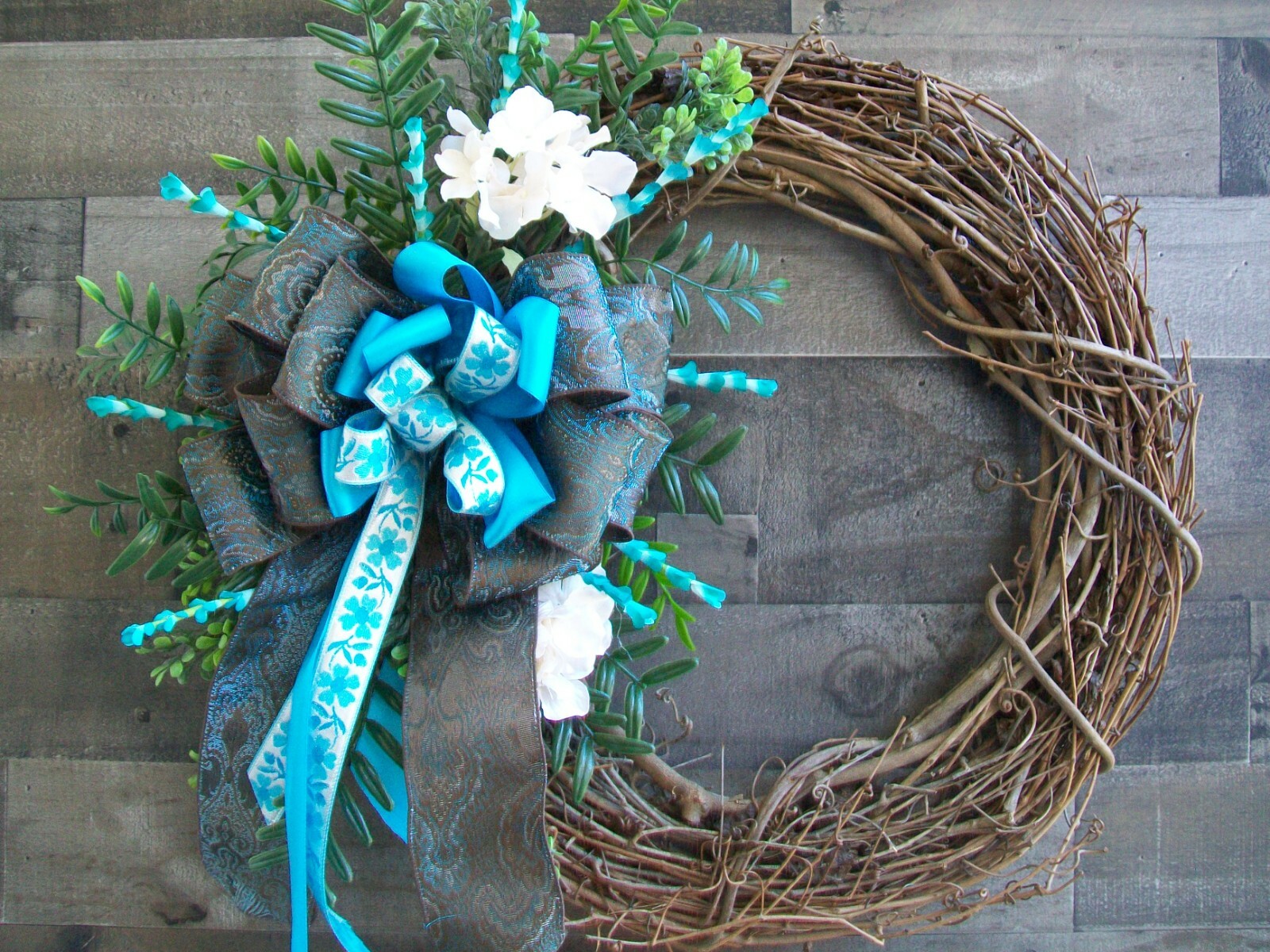 Turquoise Brown Grapevine Front Door All Occasion Wreath