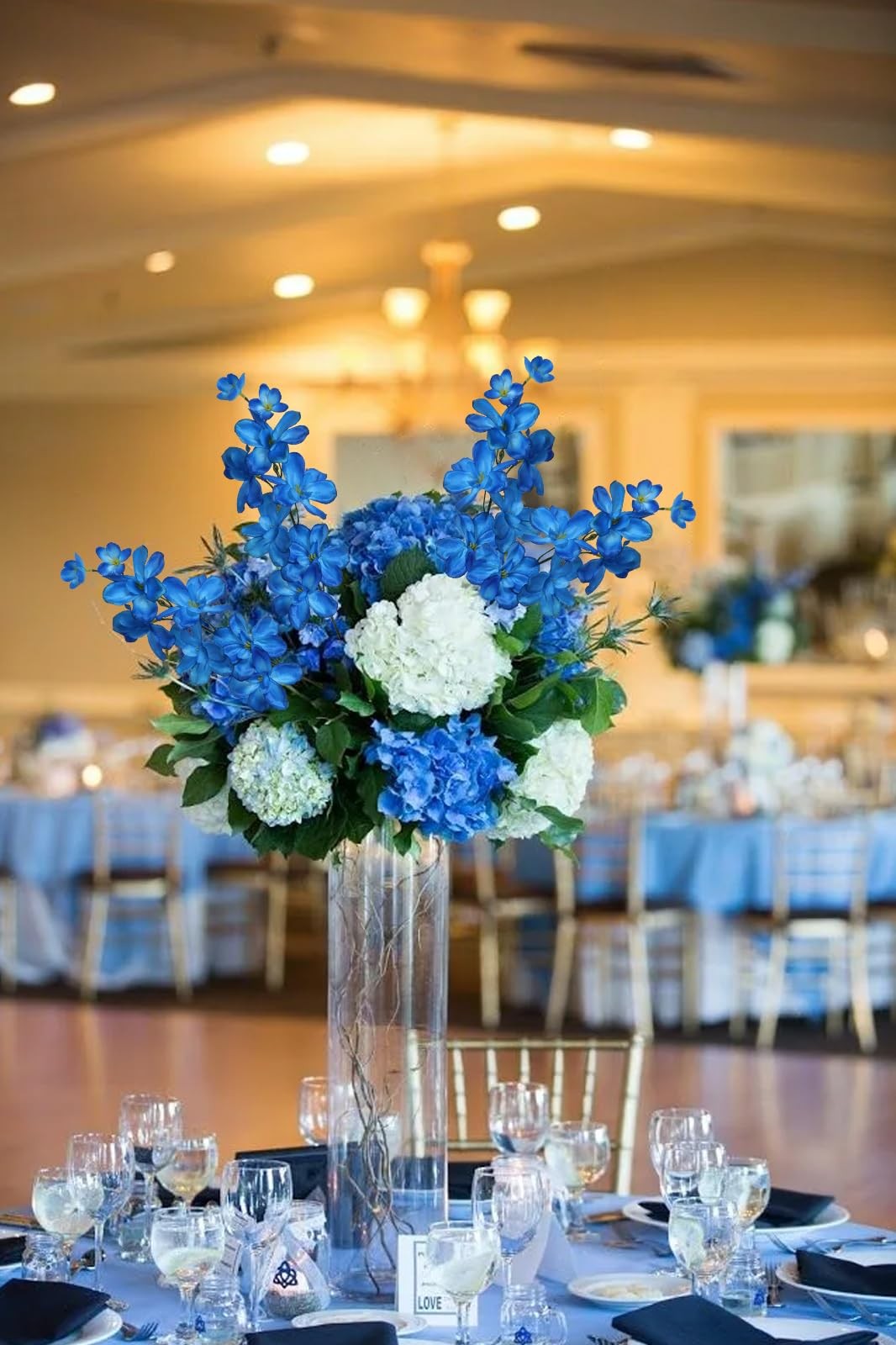 10 PCS Blue Artificial Orchids Silk Fake Flowers 27 Inches Faux Plant Wedding