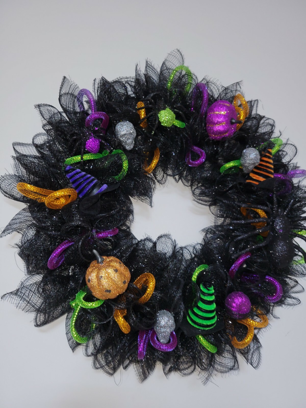 Halloween Deco Mesh Front Door Wreath Wall Decoration 18″ purple green black ora