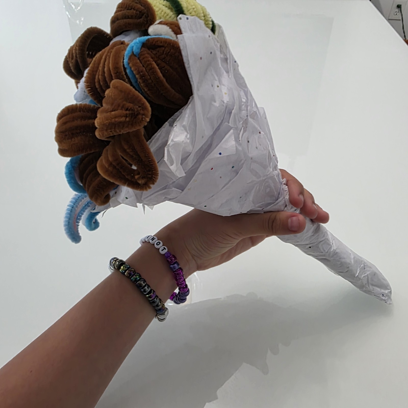 Handmade Pipe Cleaner Flower Bouquet, White Paper Wrap Brown/Blue/White