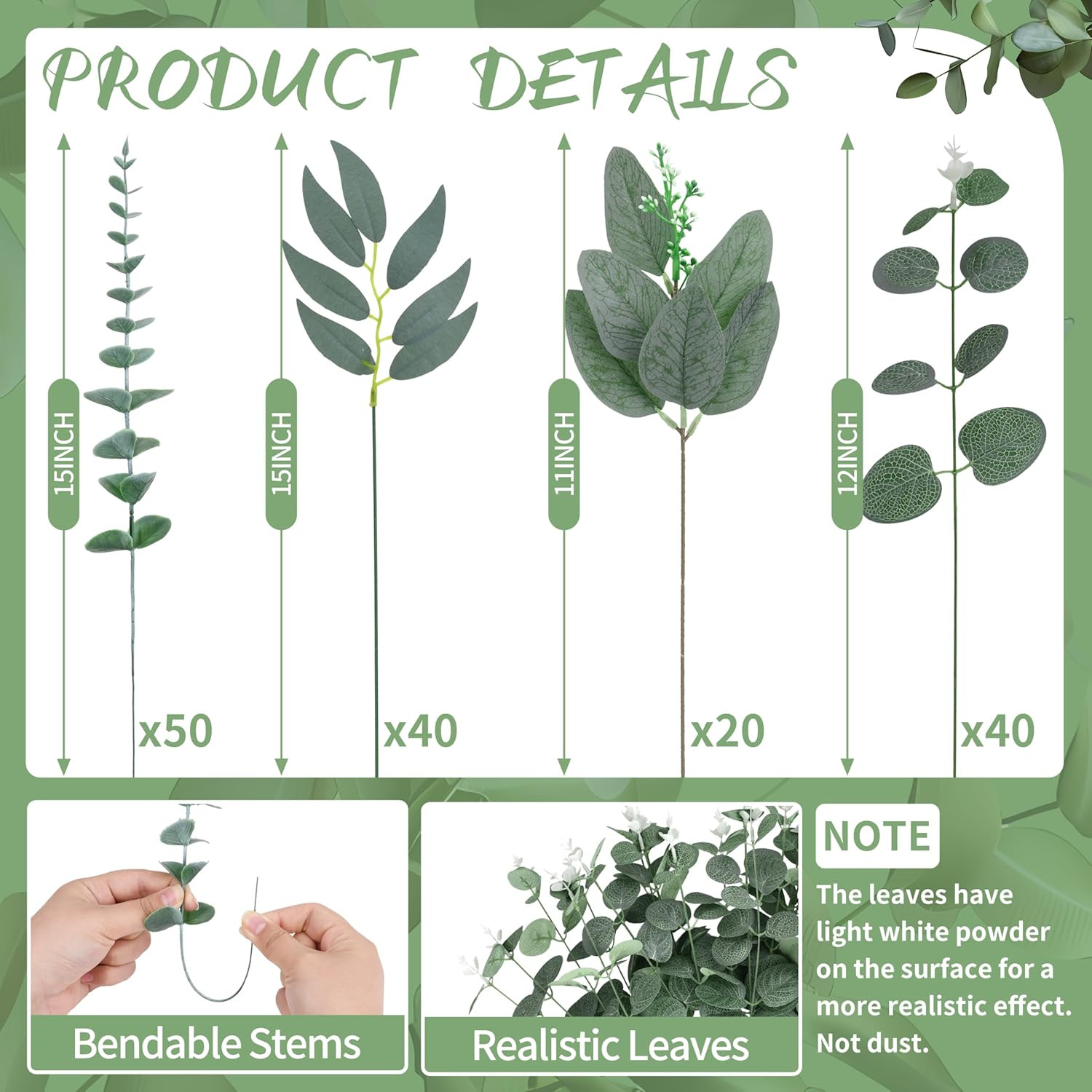 150 Pcs 4 Kinds Mixed Artificial Eucalyptus Leaves Stems Bulk Fake Silver Dollar