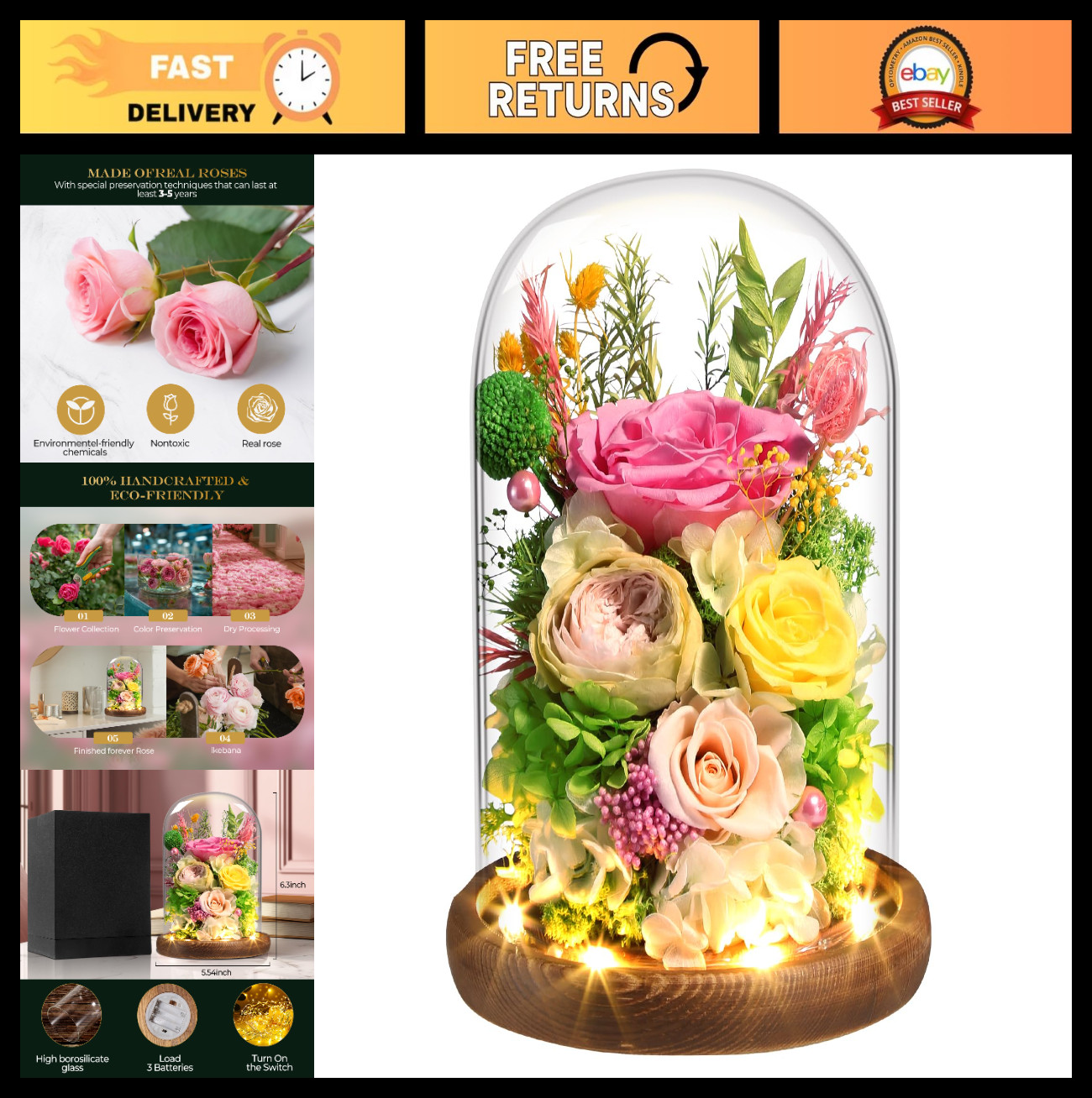 Preserved Yellow & Pink Roses in Glass Dome with LED Light – Lasting Gifts for W