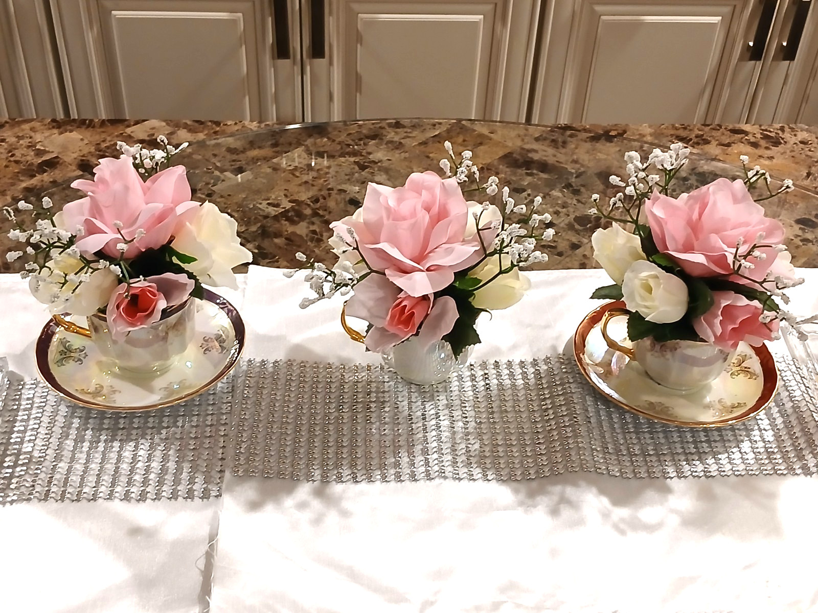 Bridal Pink & White Roses Floral Arrangement Tea Party Cup POP-IN Birthday Love