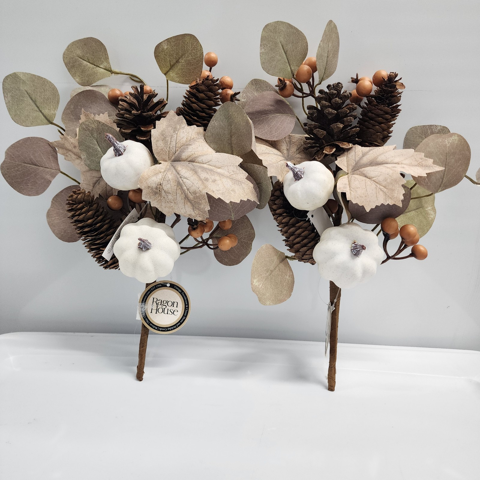 Set of 2 Rustic Autumn Faux Pumpkin and Maple Leaf 17″ Floral Sprays