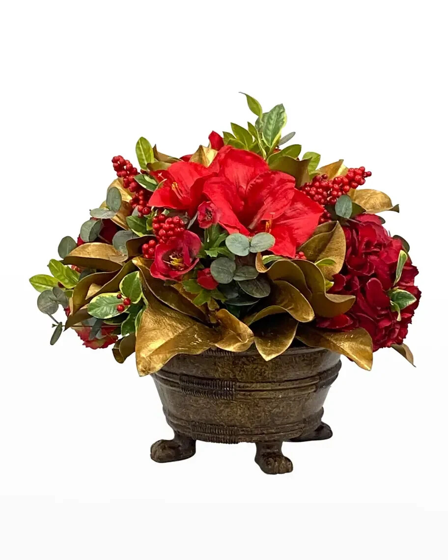 Faux Amaryllis Camellia Floral Arrangement in Planter-Winward Home