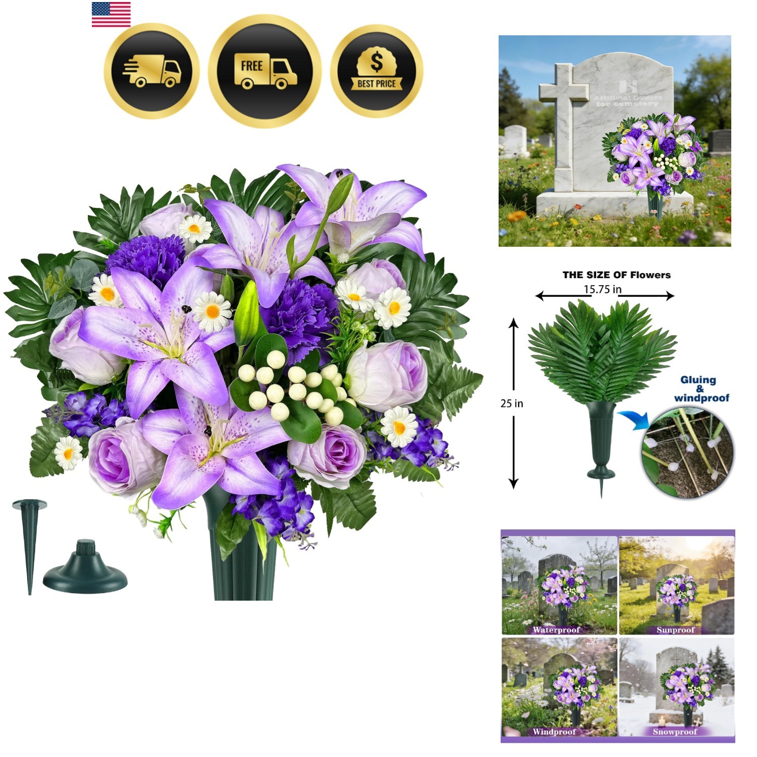 Artificial Cemetery Flowers – Vibrant Rose Carnation, Outdoor Grave Decoratio…