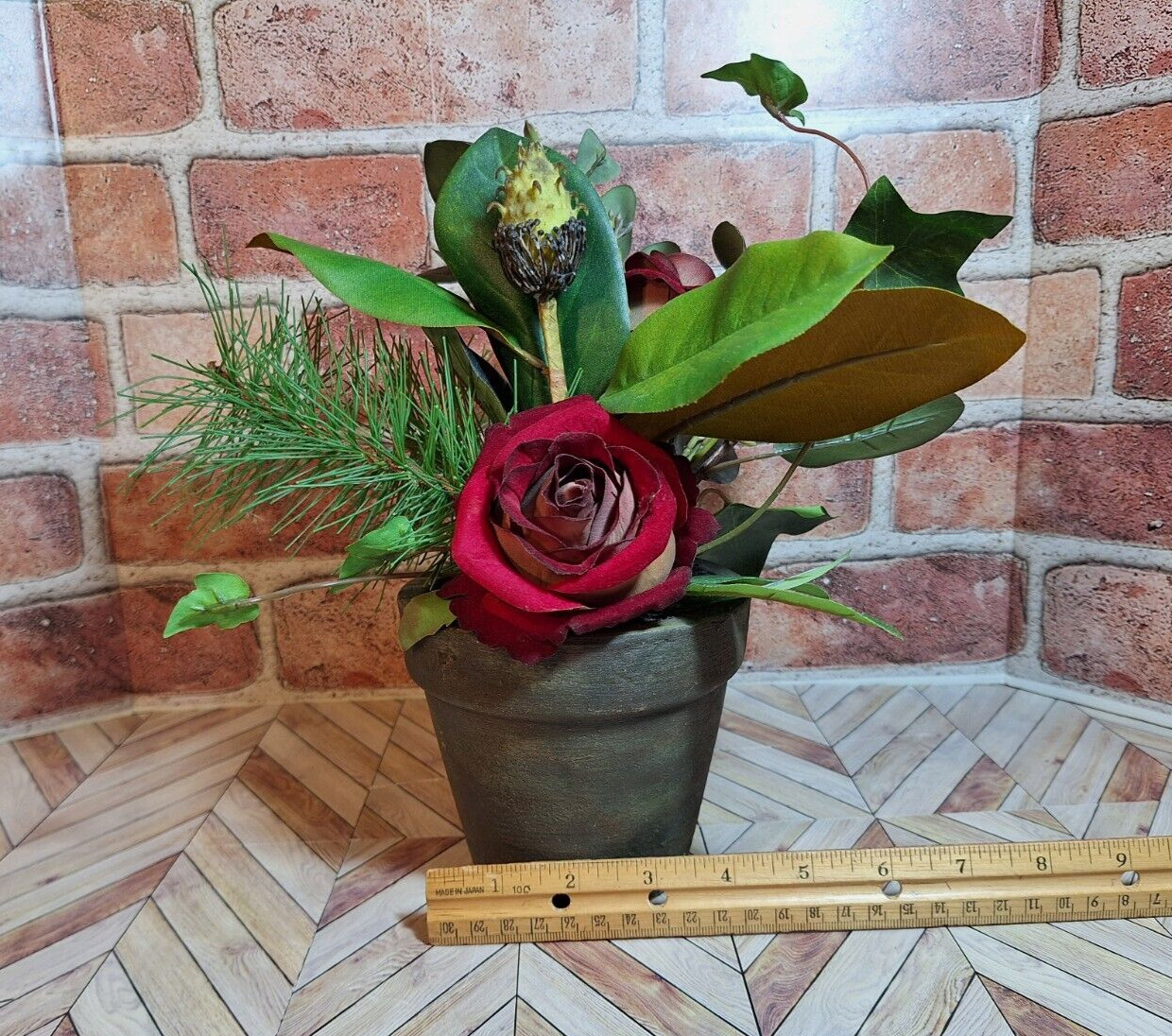 Faux Mixed Floral Arrangement W/Red Roses Rustic felt bottom Pot, Stunning!