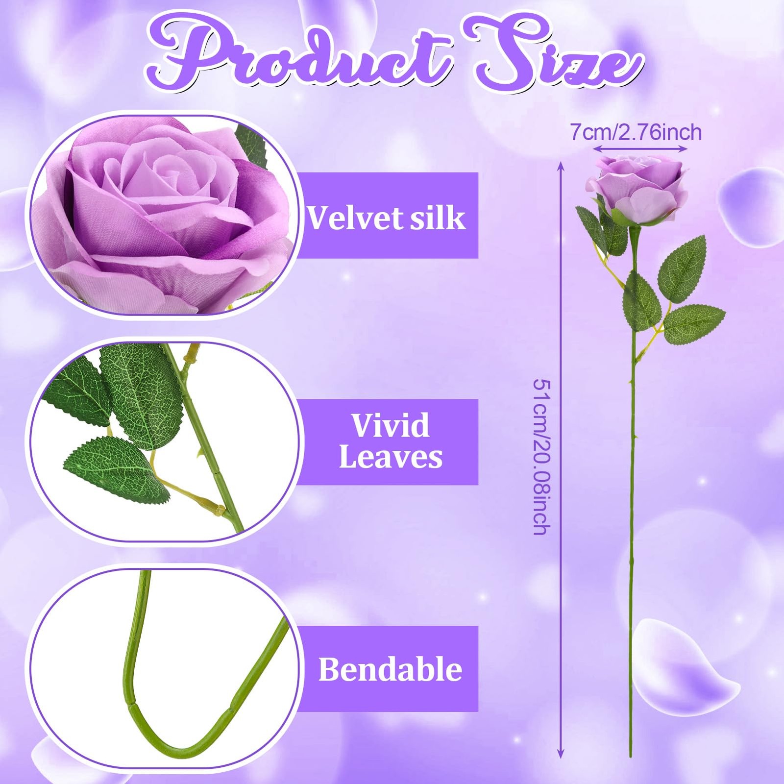 Ovveroche 90 Pcs Purple Velvet Rose Artificial Flowers with Long Stems, Fake …