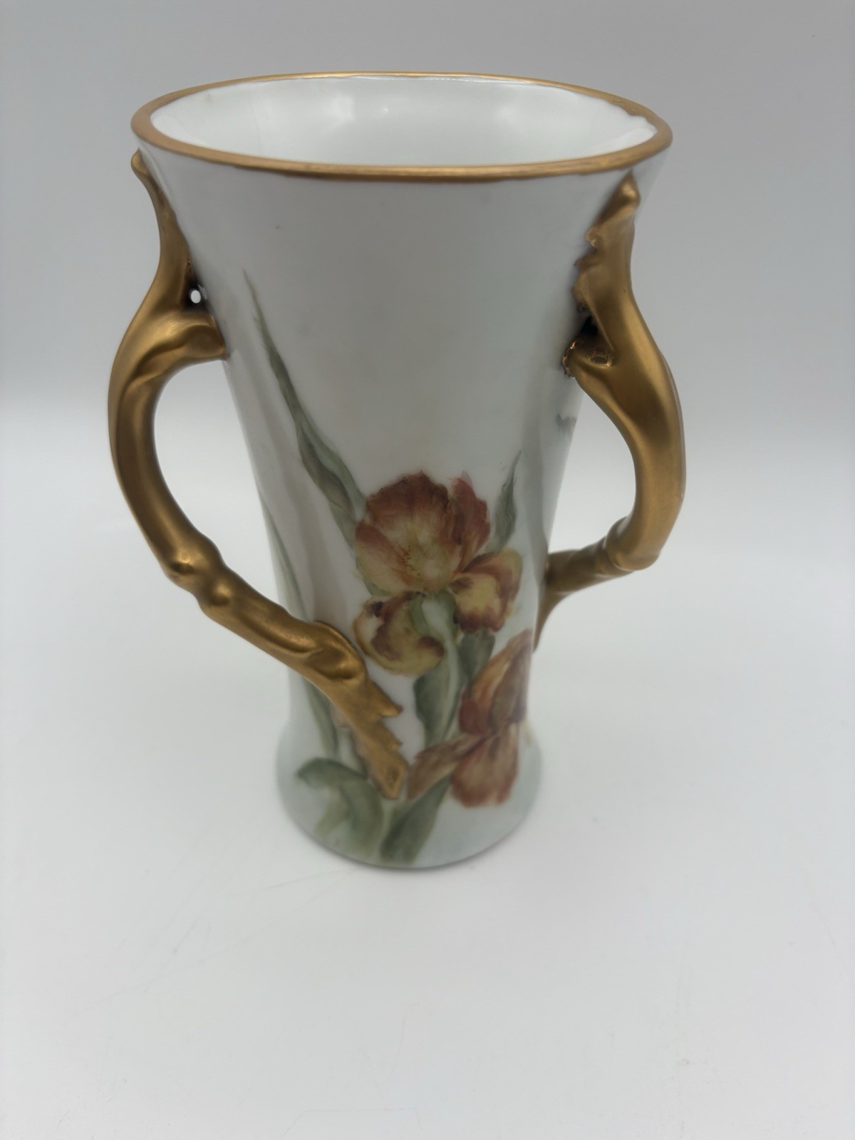 White Ceramic Floral vase with Gold Trim triple Handles, Pink Green Flowers