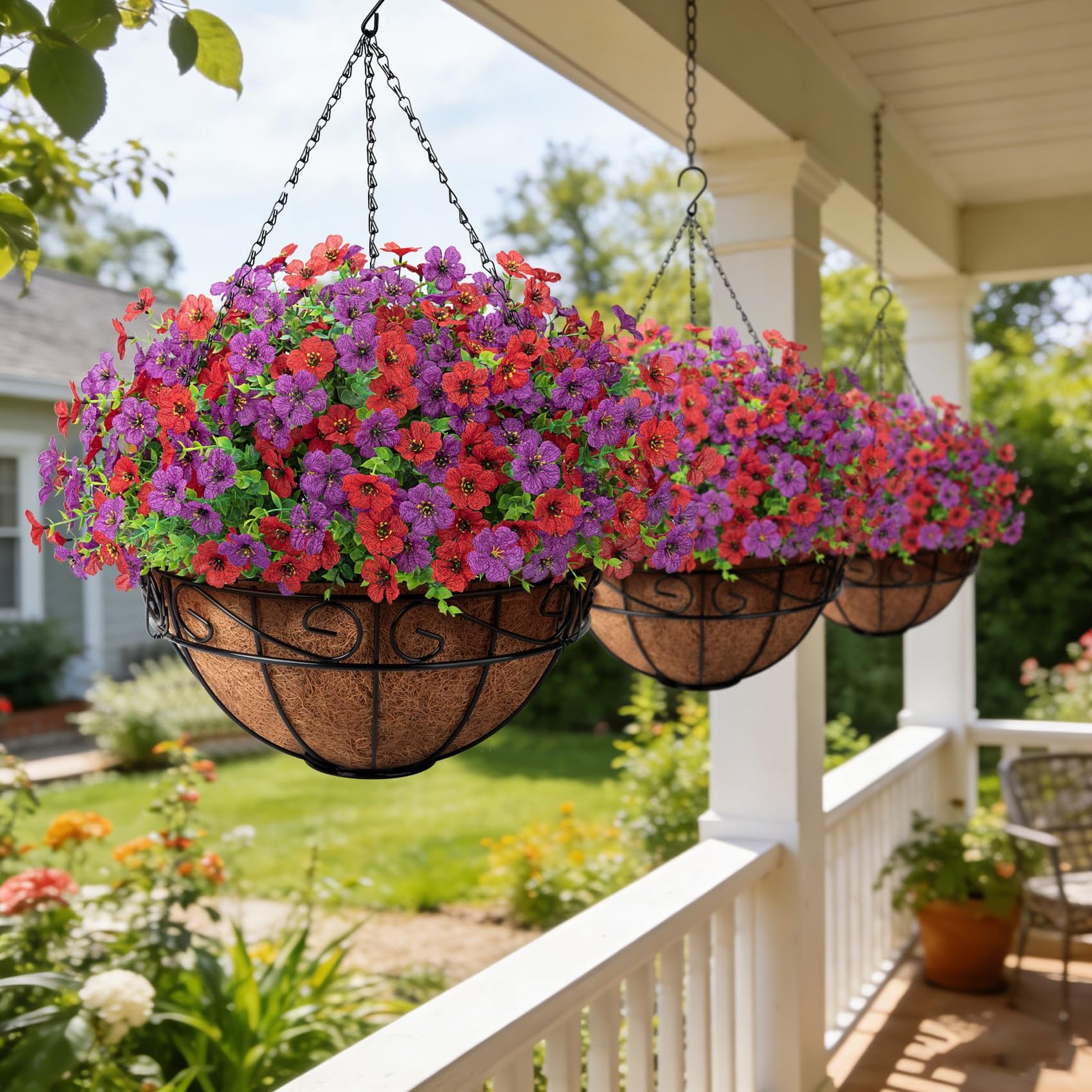 Artificial Fake Hanging Flowers Plants Basket Outdoors, Faux Silk UV Resistan…