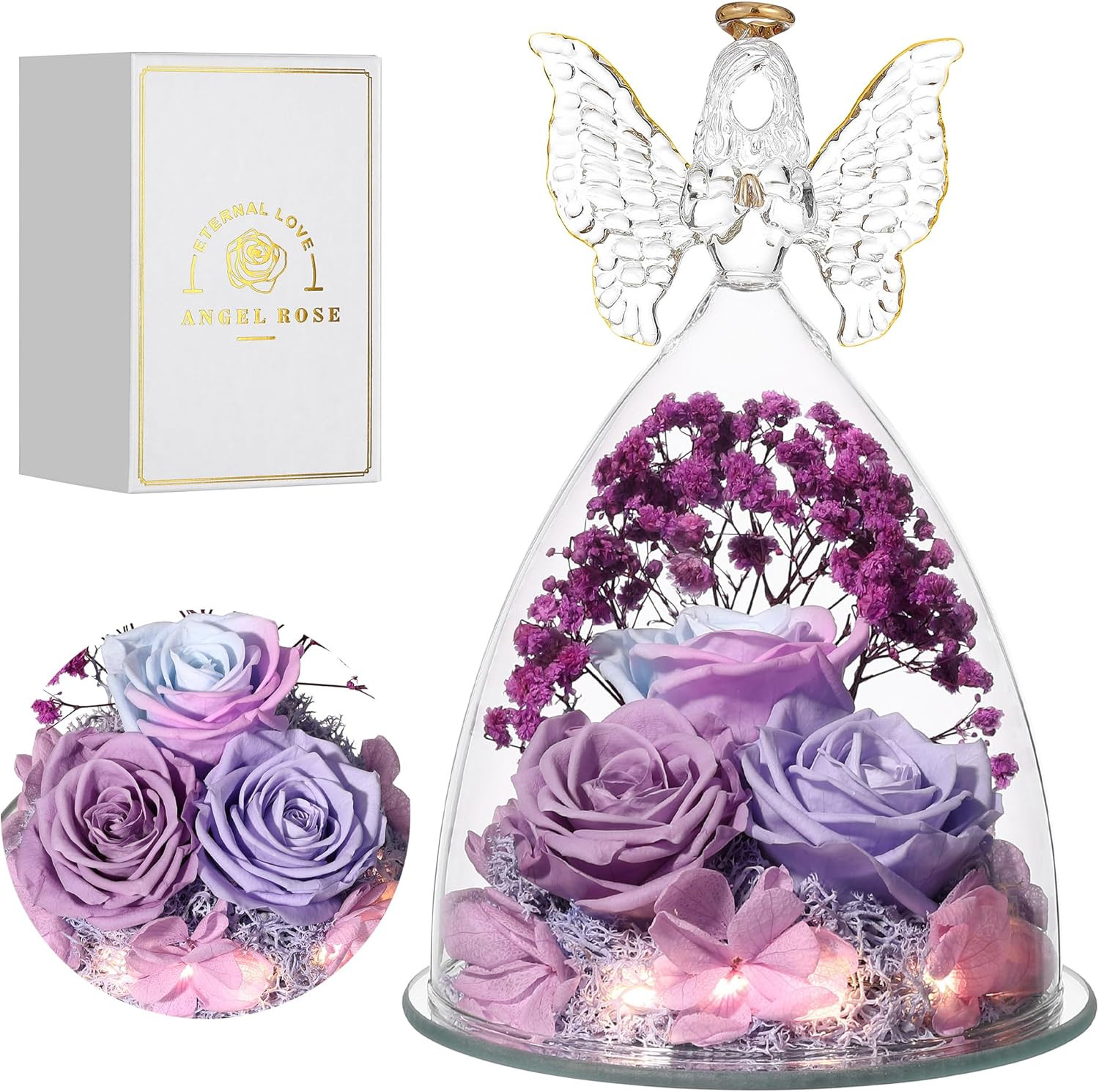 Mothers Day Rose Gifts for Women Preserved Real Flower in Glass Angel Figurines