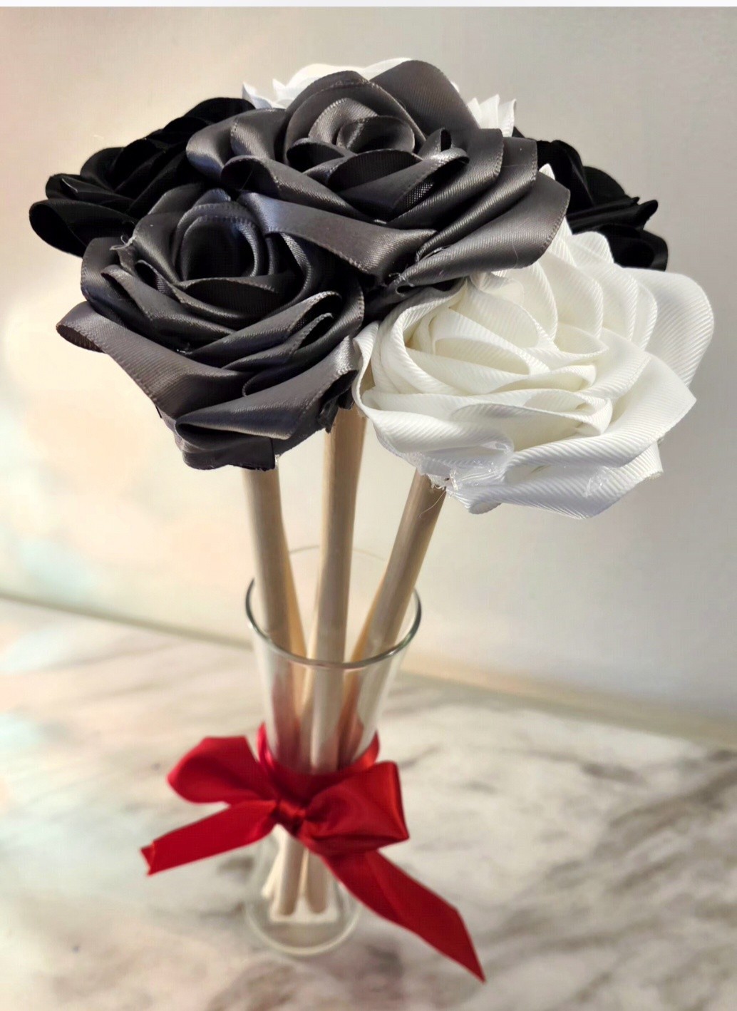 Fabric Homemade Flower Bouquet In Glass Vase With Bow