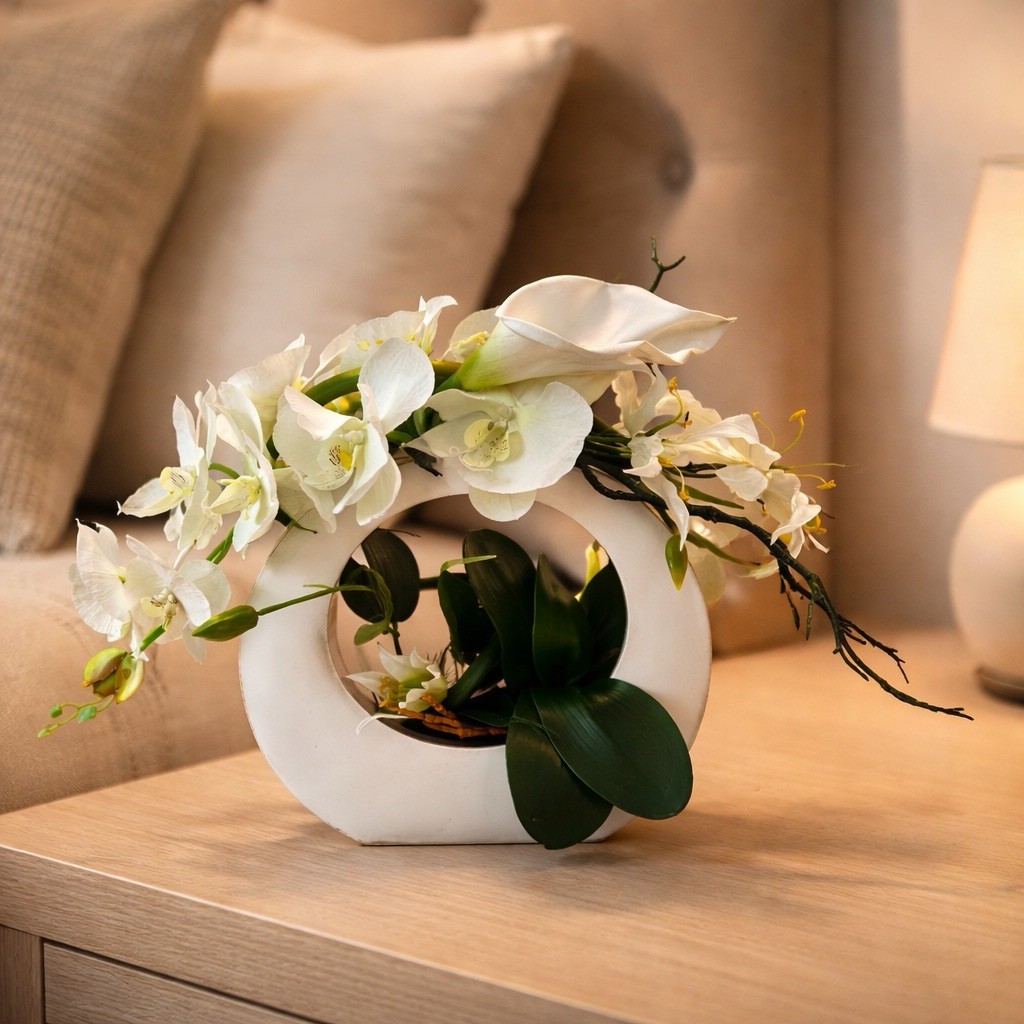 White Silk Floral Arrangement, Centerpiece contemporary Asian Zen Orchids, Lilly
