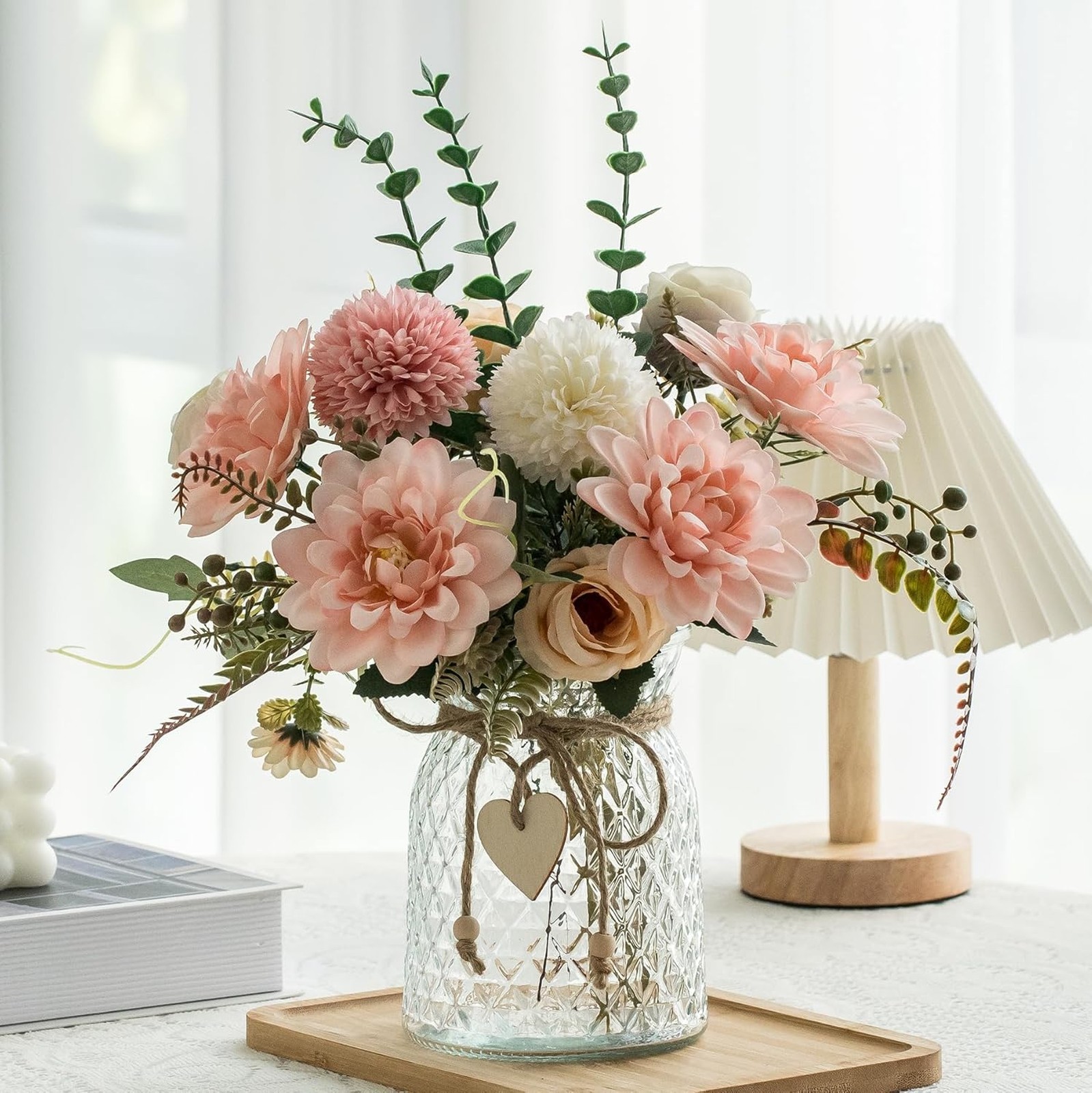 Artificial Flowers Vase Kit, Silk Pink Dahlia and Hydrangea, Home Decor