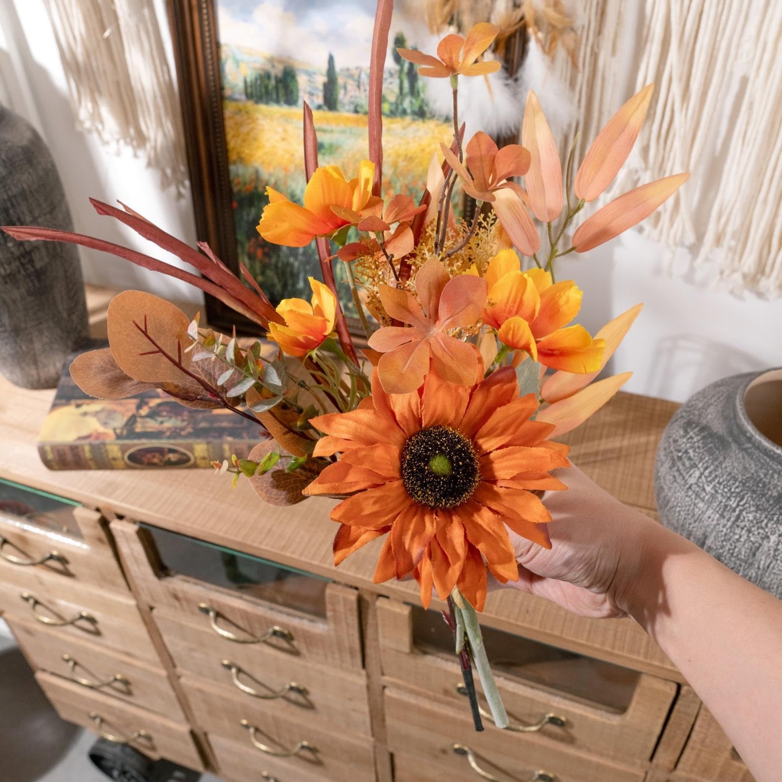 Fall Artificial Flowers 18.5 Inch Autumn Fake Silk Orange Sunflower Wedding