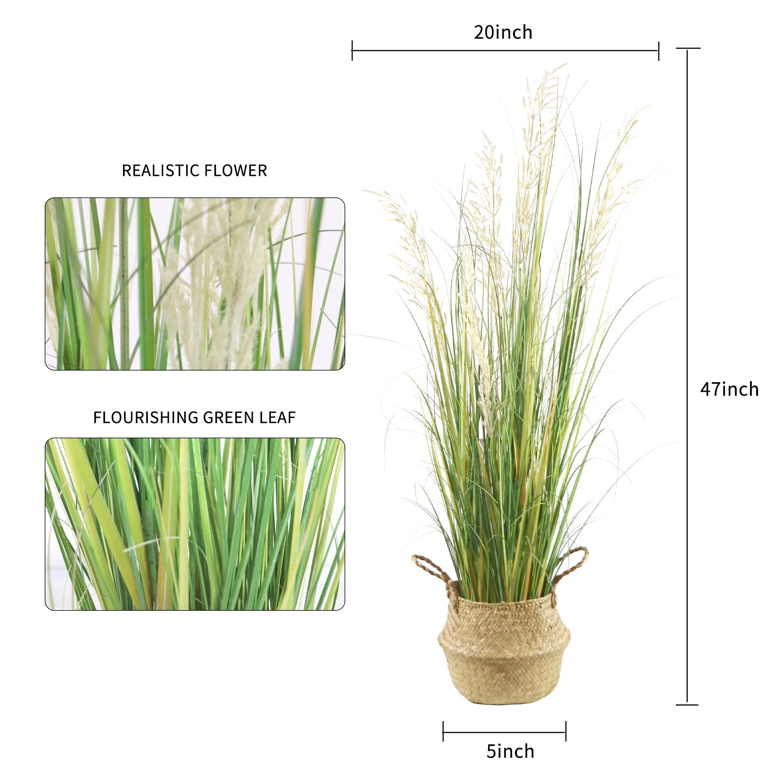 4ft(47in) Tall Artificial Grass Plant with White Reed Flowers in Pot, Faux In…
