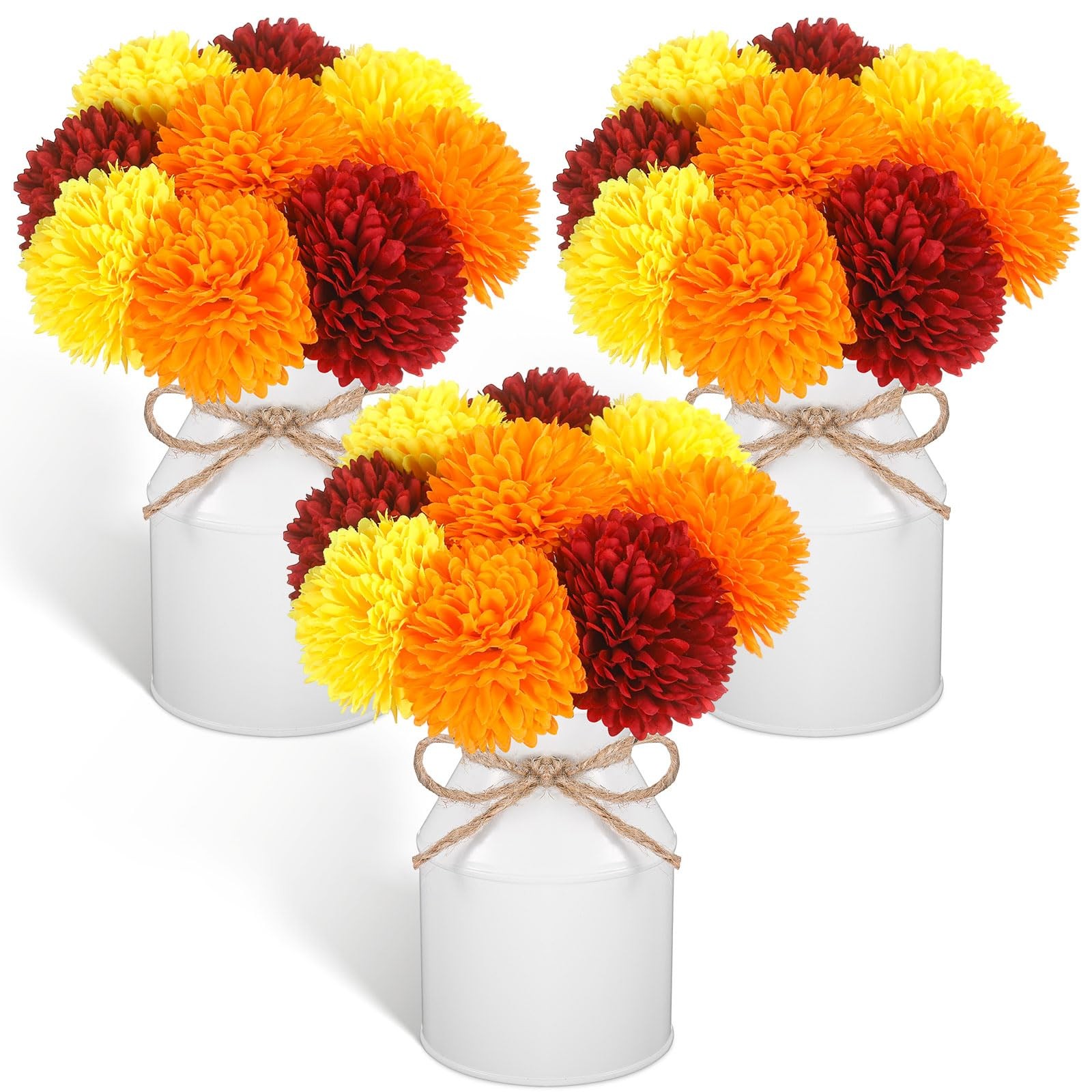 3 Sets Mexican Artificial Marigold Flowers 27 PCS Silk Mums Metal Pots