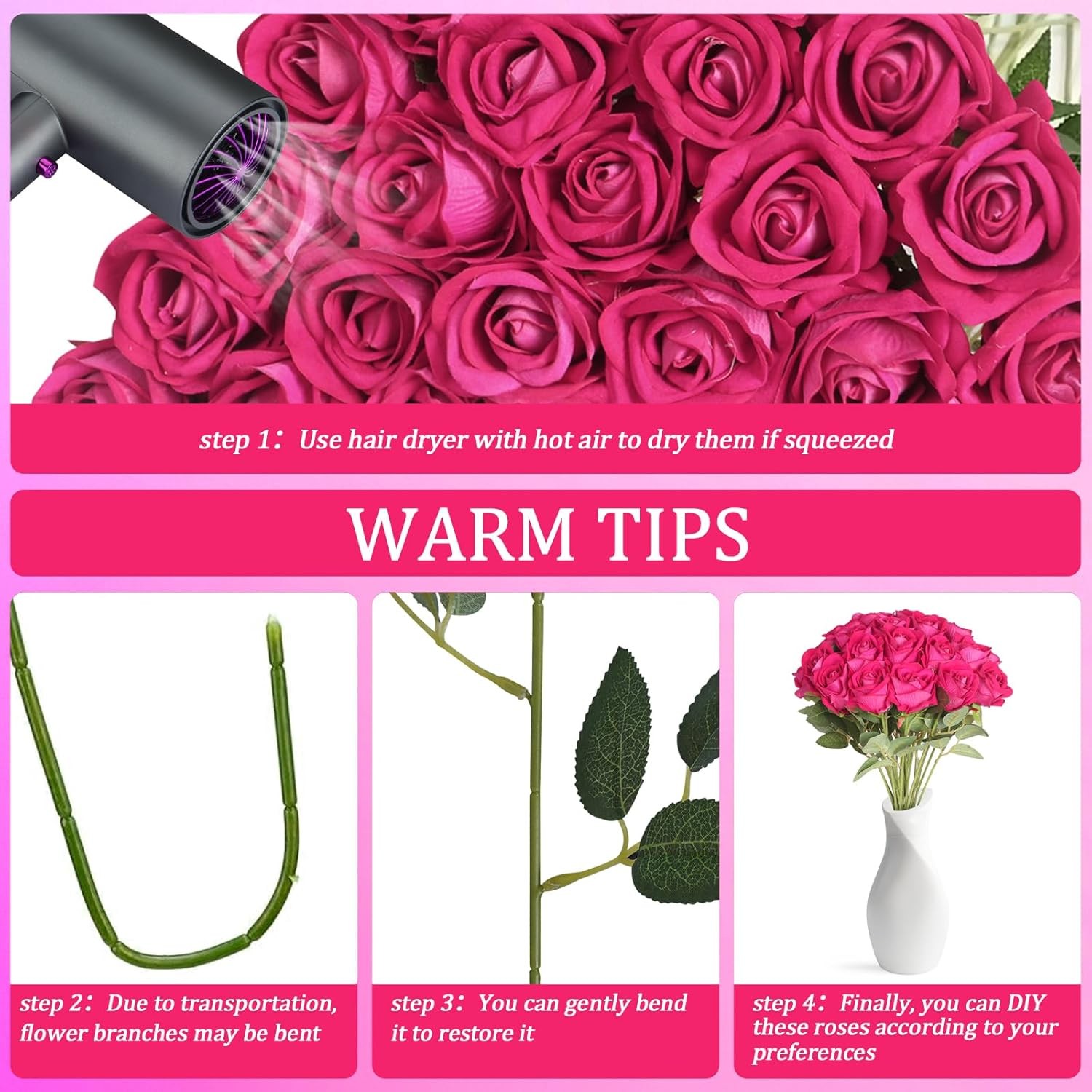 90pcs Fake Hot Pink Roses Artificial Flowers Bulk Realistic Silk Faux Rose with