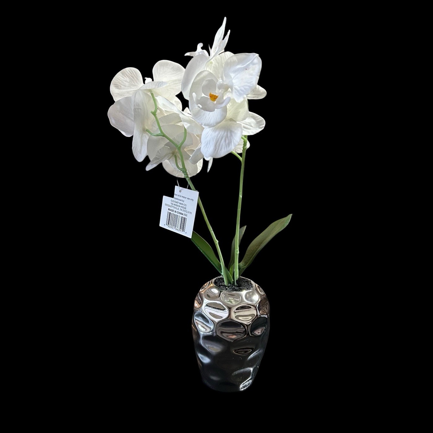 Orchid Floral Plant In Silver Metallic Vase 17” Table Art Modern Home Decor New