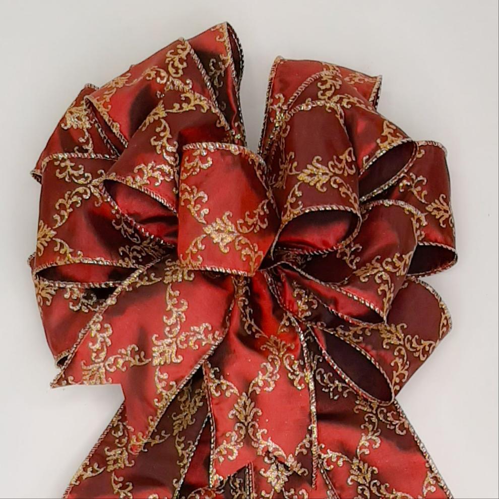 Christmas Bow, Wreath Bow, Burgundy with Gold Florentine