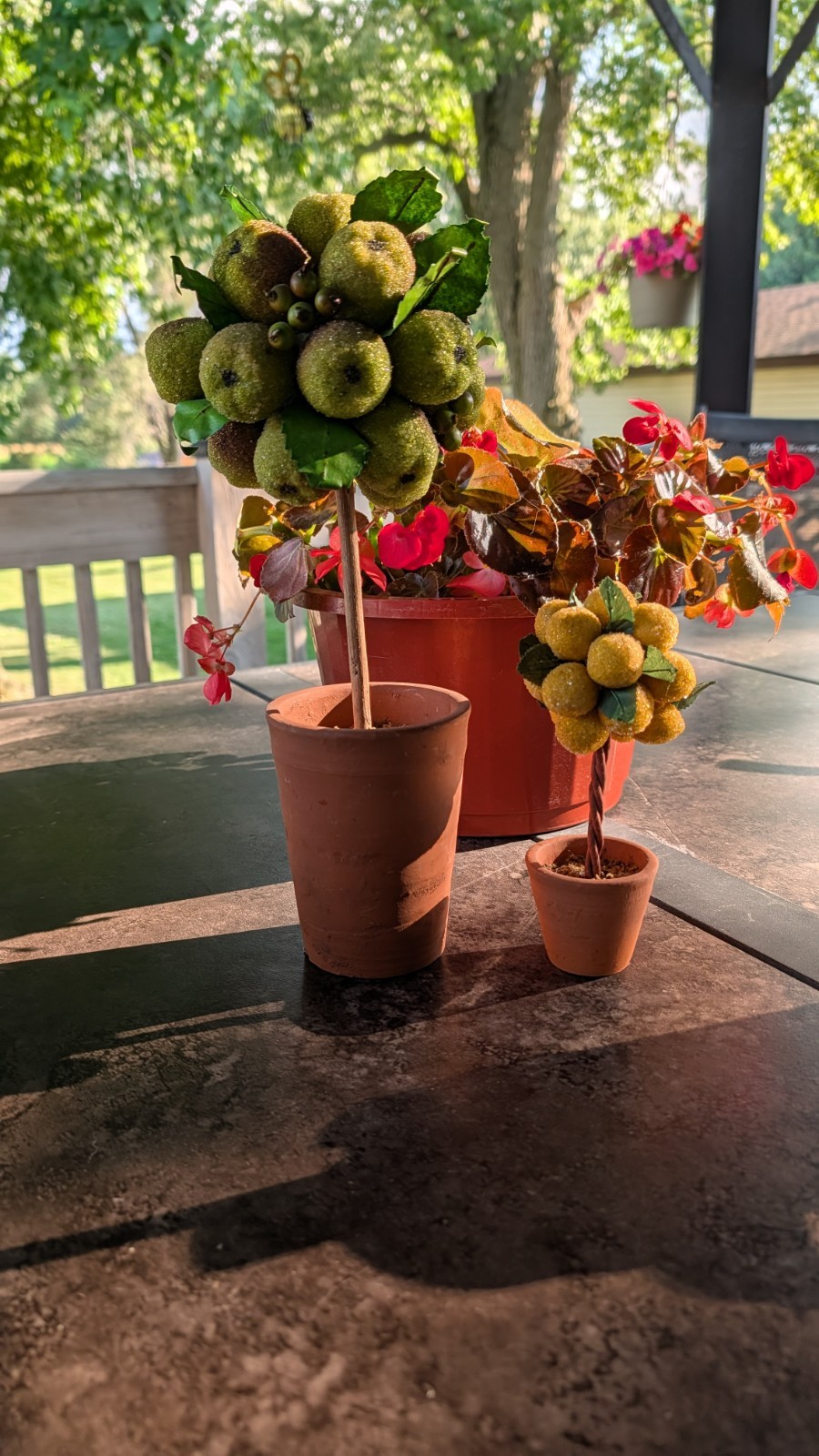 2 Artificial Apple Topiary Trees Green/Orange in Brown Terracotta Pots