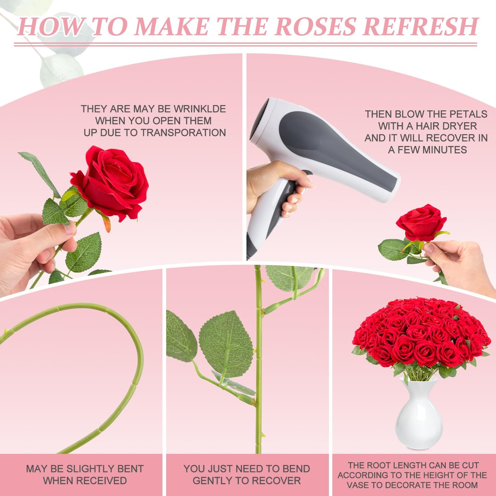 Cliselda 72pcs Red Roses Artificial Flower in Bulk, Realistic Velvet Silk Fau…