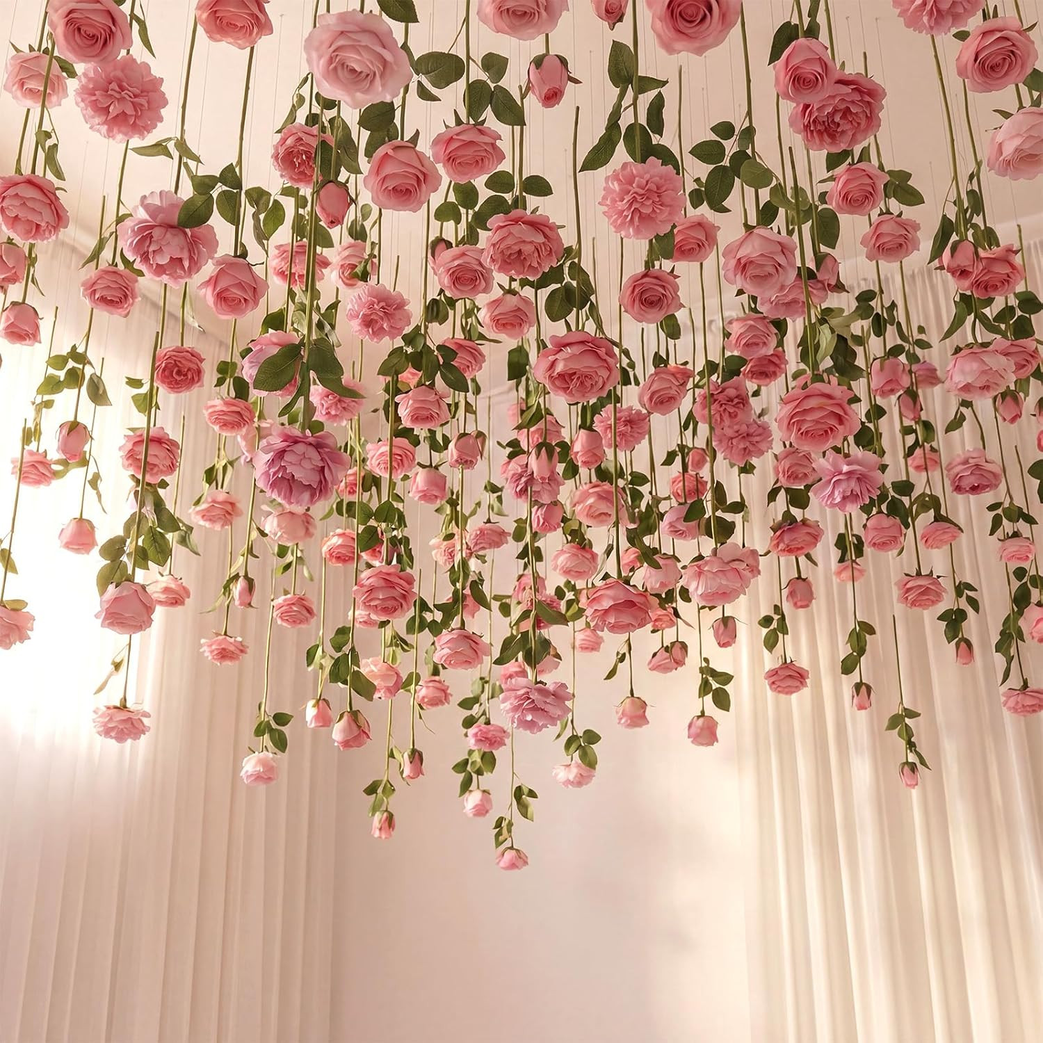 Lyrow 120 Pack Pink Roses Artificial Flowers Bulk Hanging Floating Garland Fake