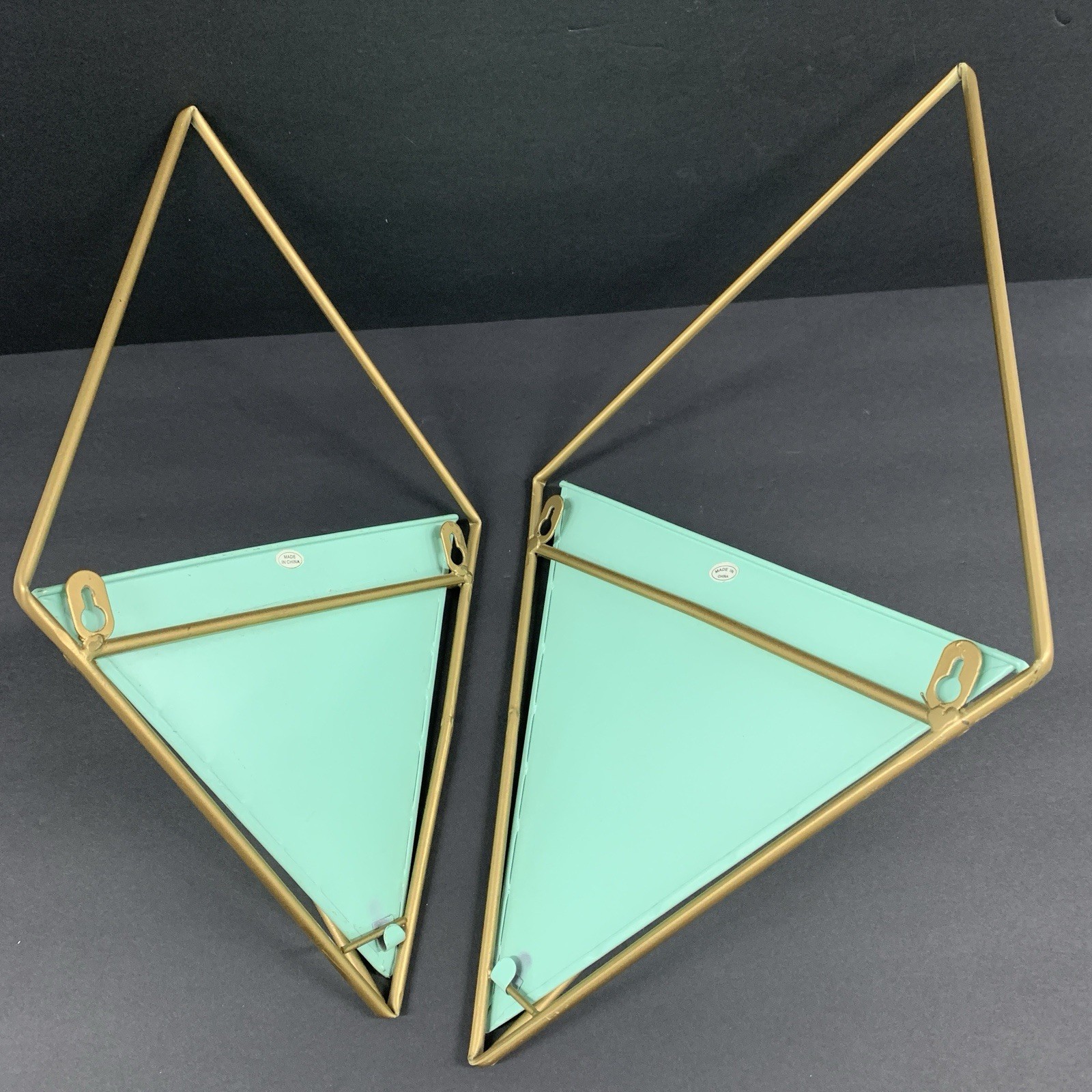 Hanging Wall Planter Geometric Decor Metal Container mint green brass Tone Set