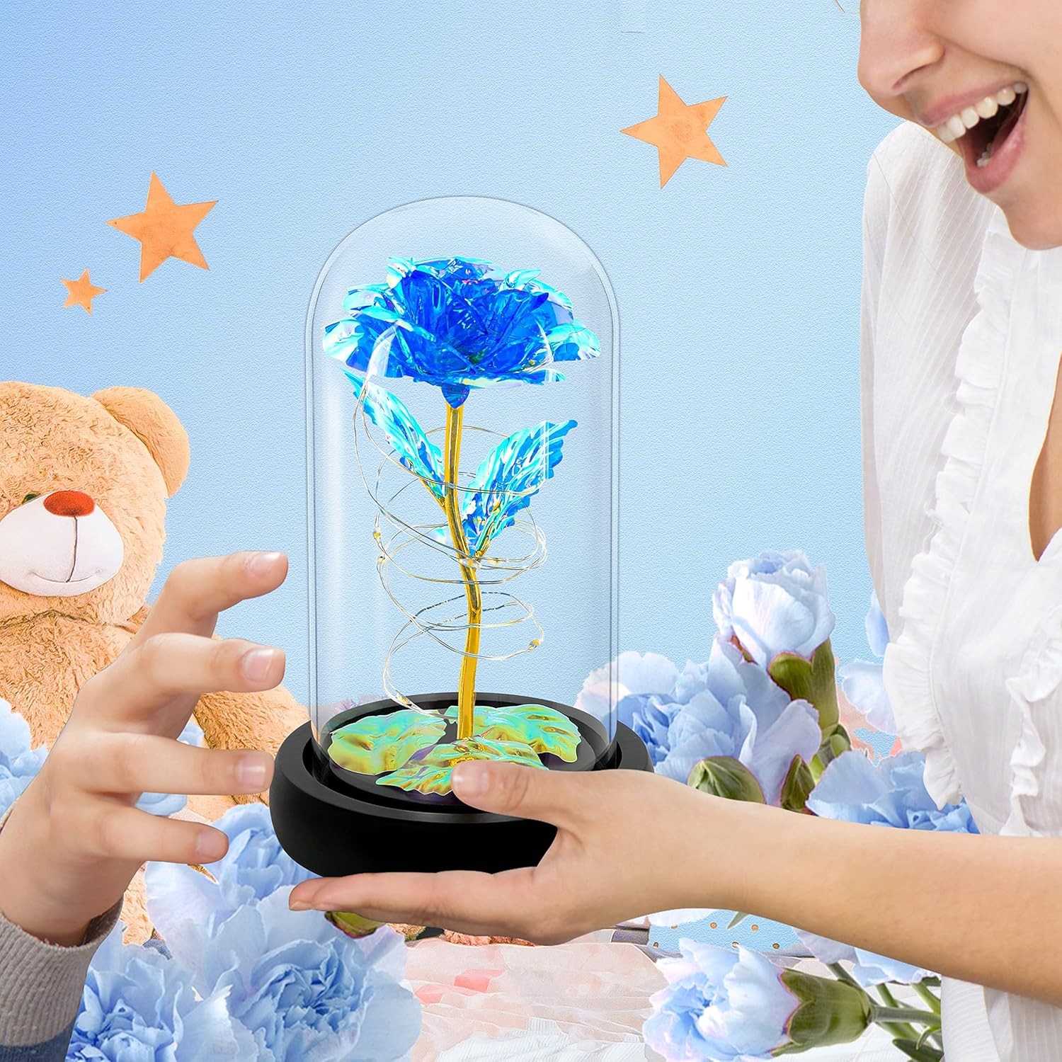 Blue Colorful Artificial Flower Rose Gift, Light up in Glass Dome, Women Gifts