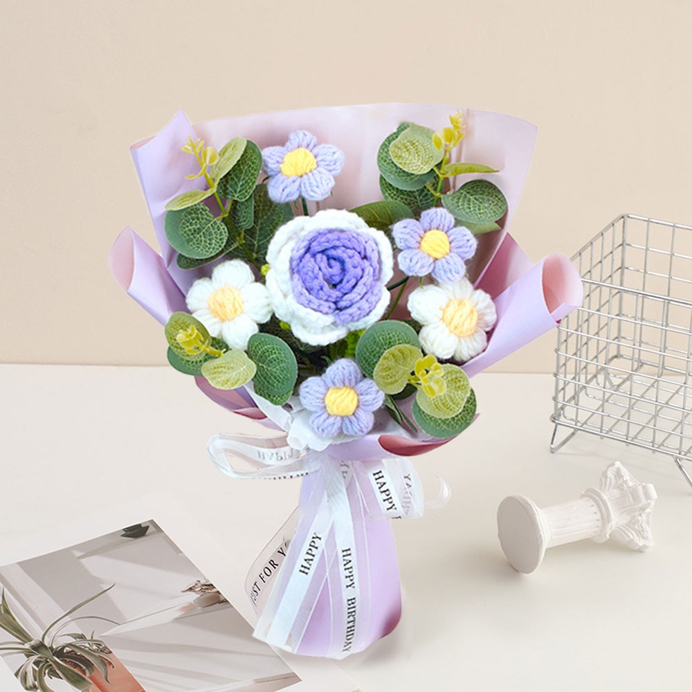 Knitted Flower Crochet Flower Bouquet Finished Hand Woven Preserved Flower AE