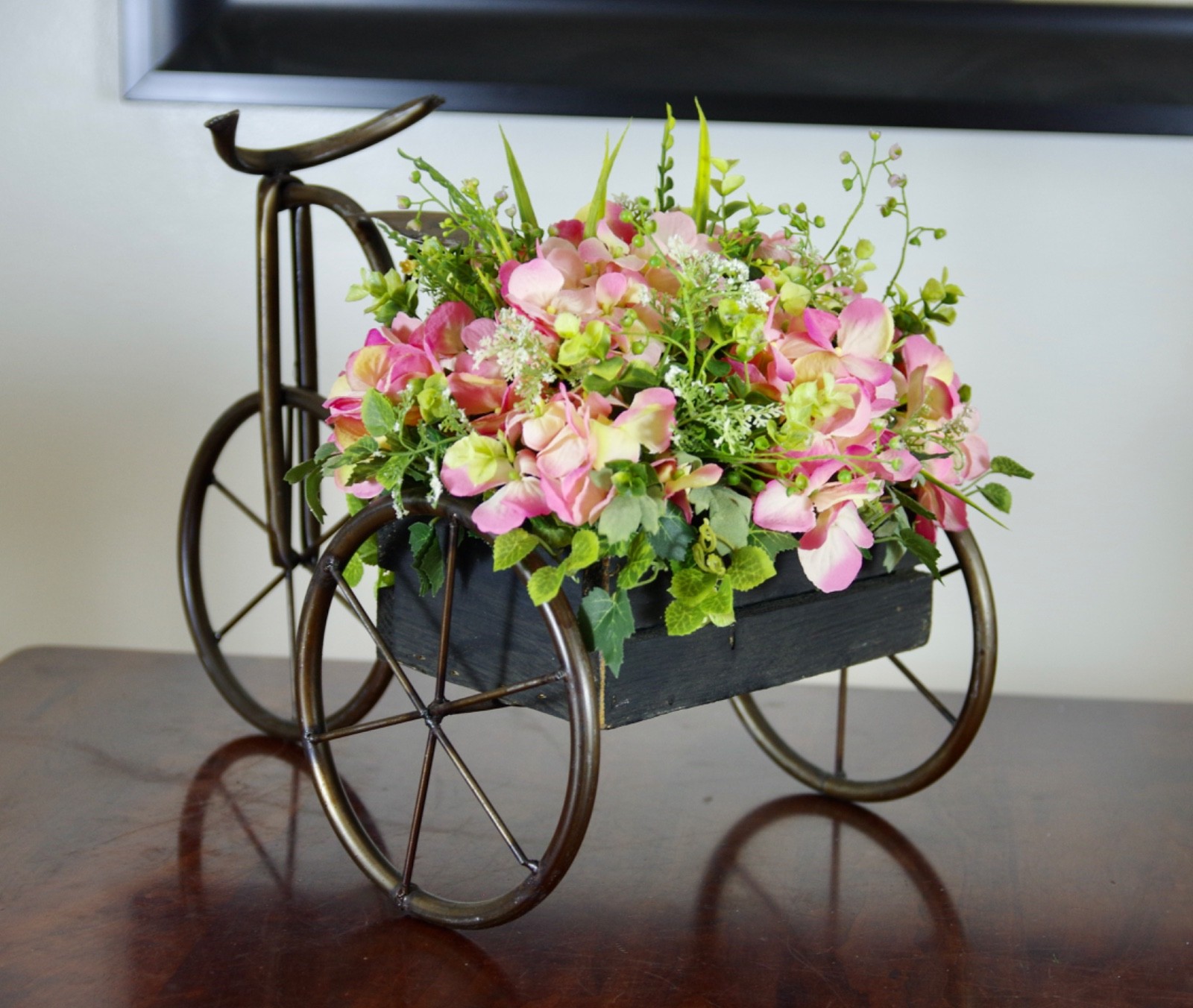 Silk Pink Hydrangeas in Metal Tricycle, Vintage Style