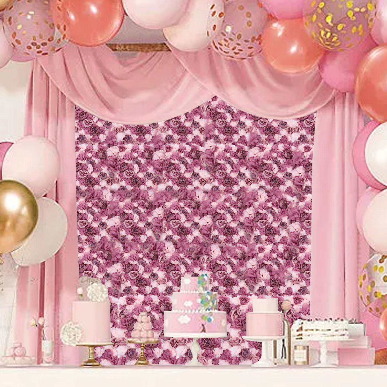 6Pcs 24*16in Artificial Flower Wall Panels Pink Mauve Silk Rose Backdrop Decor