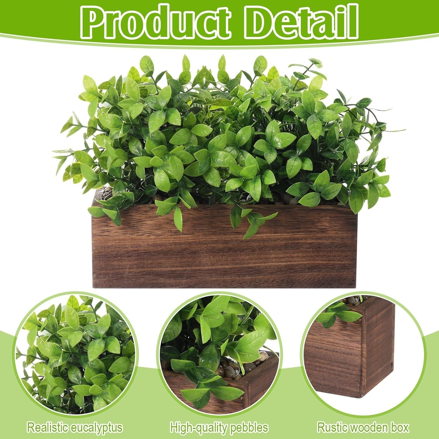 NEW 4 Pack Artificial Eucalyptus Plants Wooden Planter Box Brown 11.4 TableTop