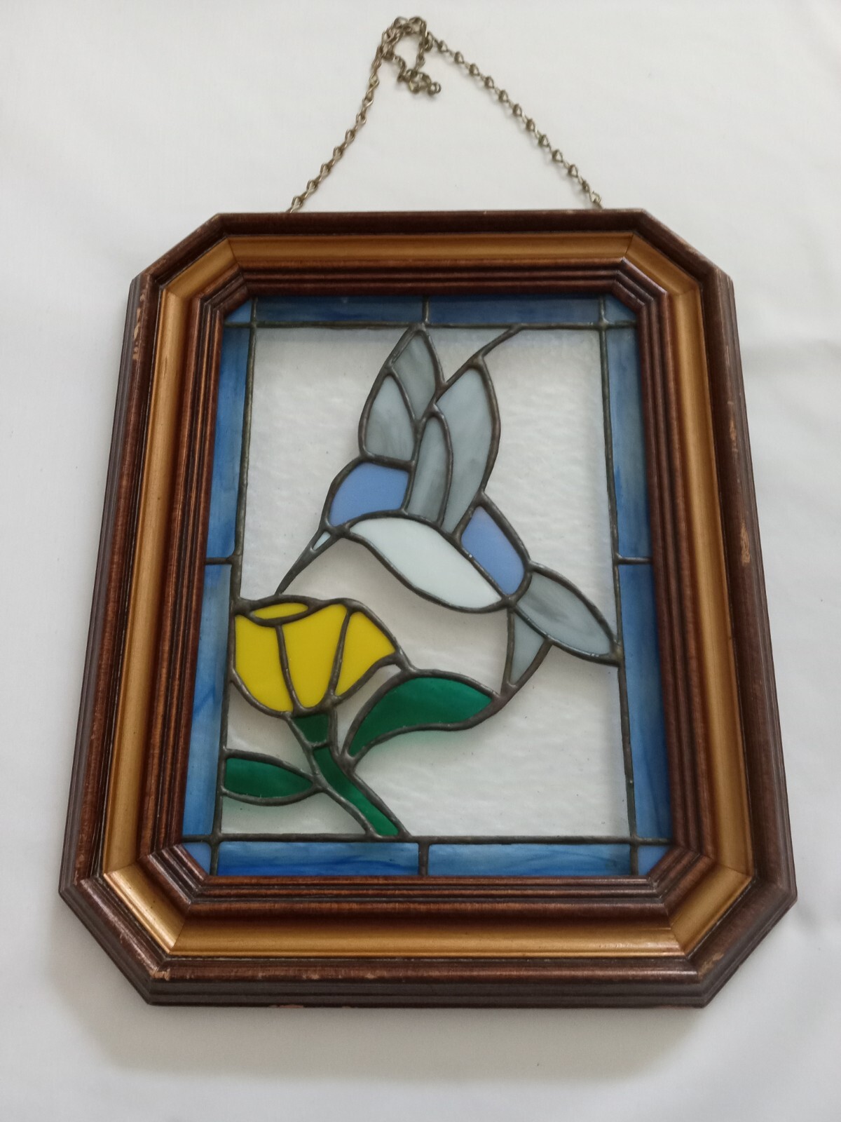 VINTAGE STAINED GLASS HANGING FRAMED ART FLOWER AND BIRD  16 X 12 1/4 IN