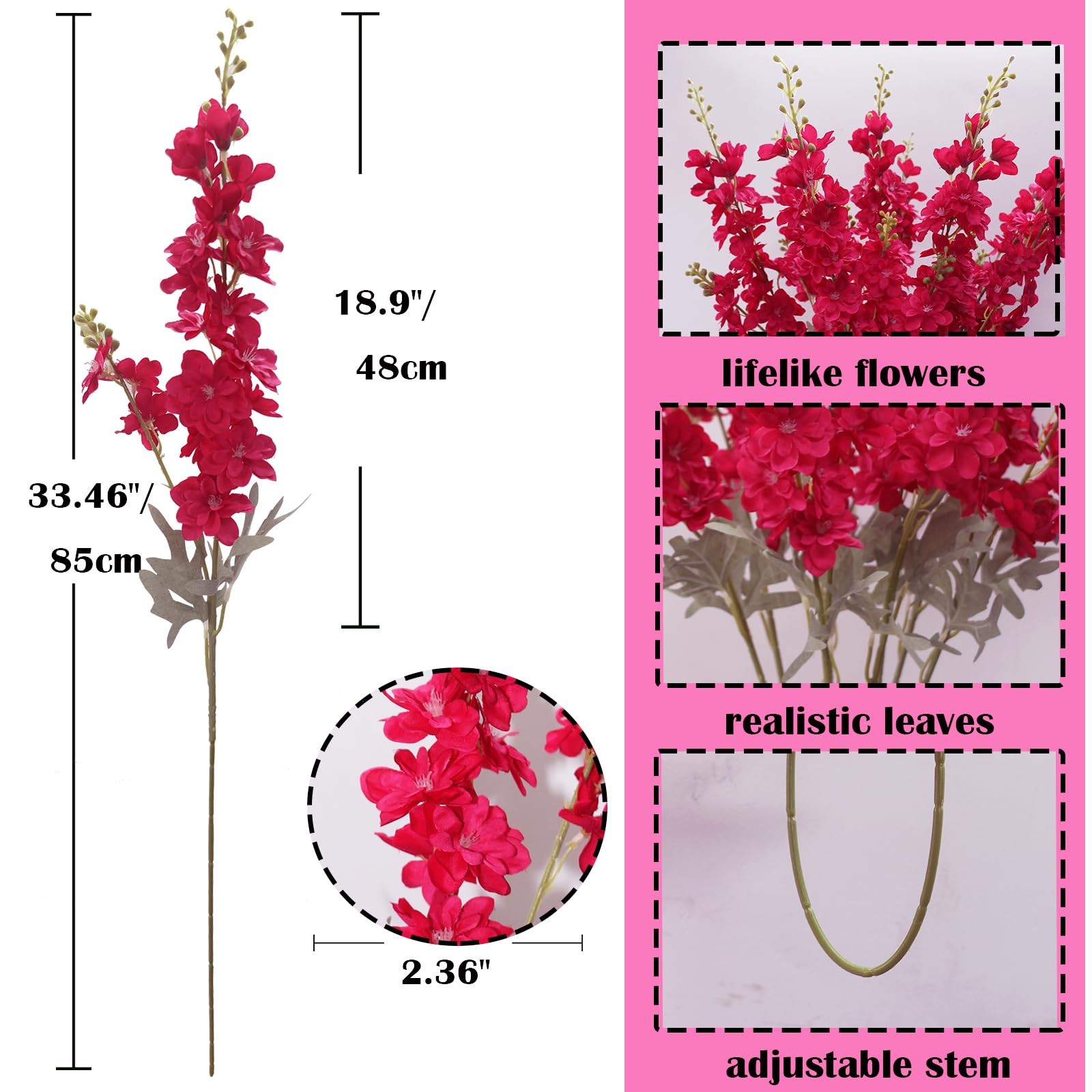 Hot Pink Flowers Artificial Delphinium 8PCS Silk Flowers with Stems 33.46″ Ta…
