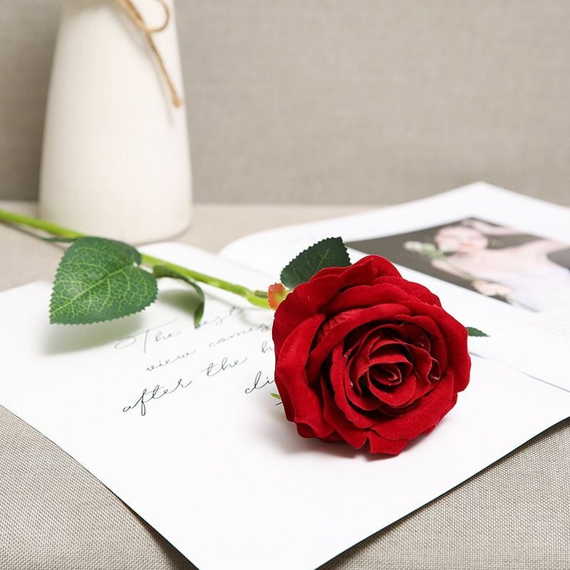 1/2/3/4/5pcs Flocking Silk Artificial Rose Flower Bouquet Wedding And Home Decor