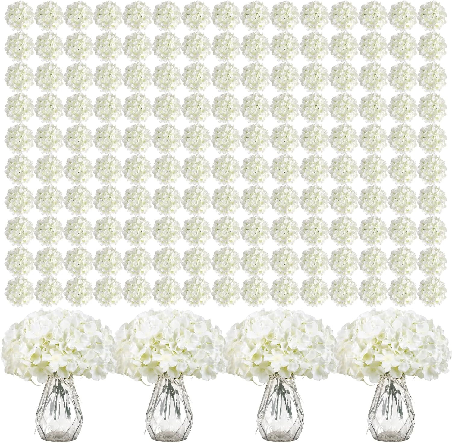 64 PCS Artificial Hydrangea Flowers, Silk Hydrangea Full Flowers Heads with Stem