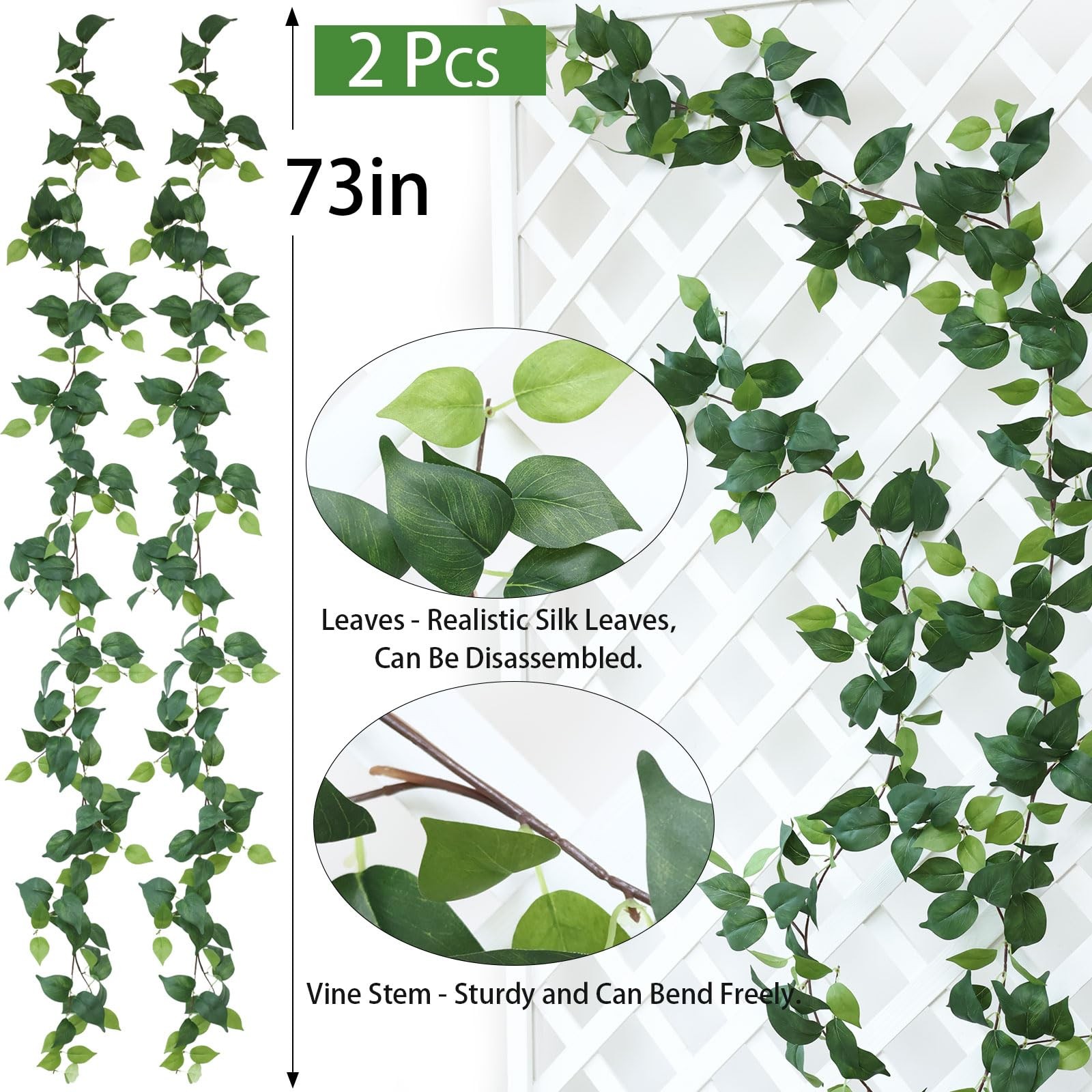 2 Strands Artificial Scindaps Vines Garland 73″ Fake Vine with Silk Green Lea…