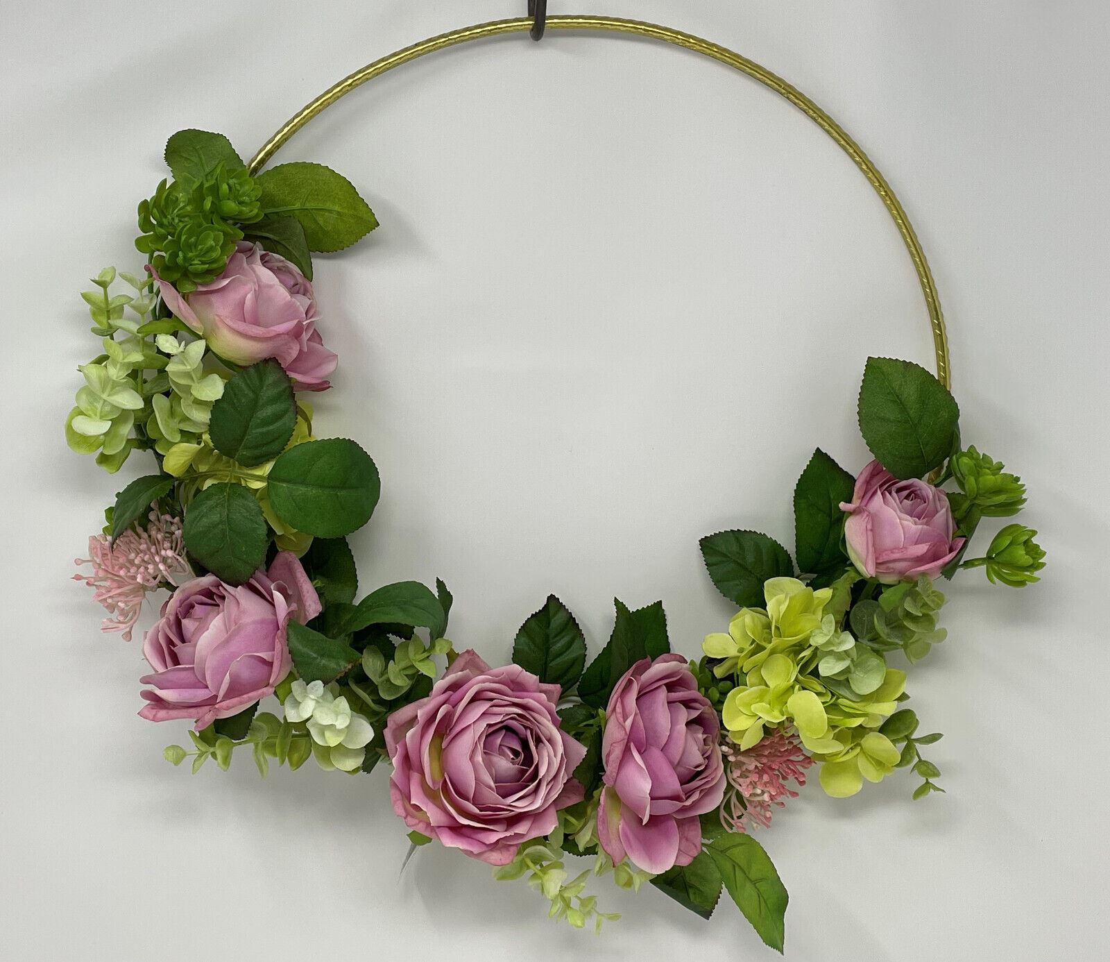Artificial 15” Lavender-Pink ROSE & Hydrangea Gold Ring WREATH, Home Decor