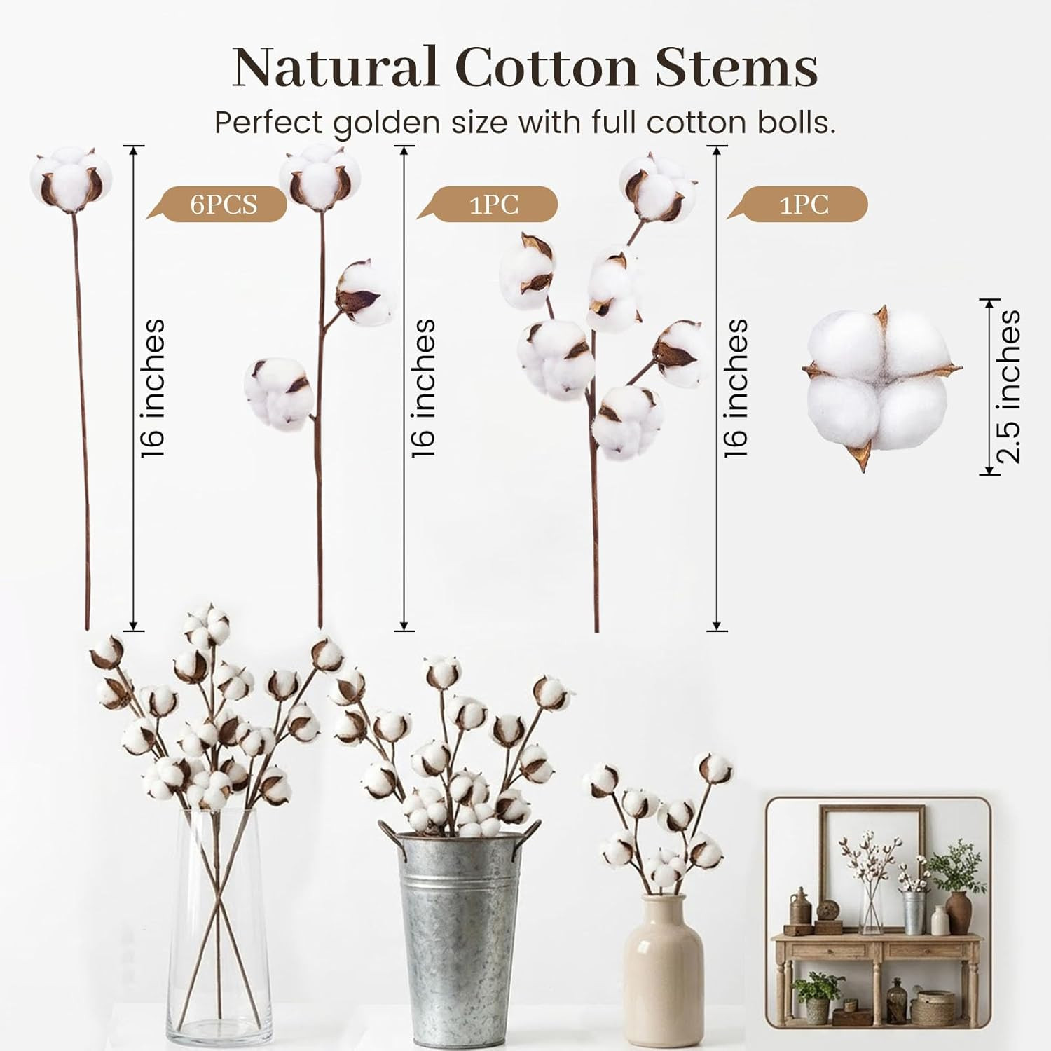 Cotton Stems 8 Packs with 15 Bolls, Natural Dried Flowers Cotton Sprigs for Vase