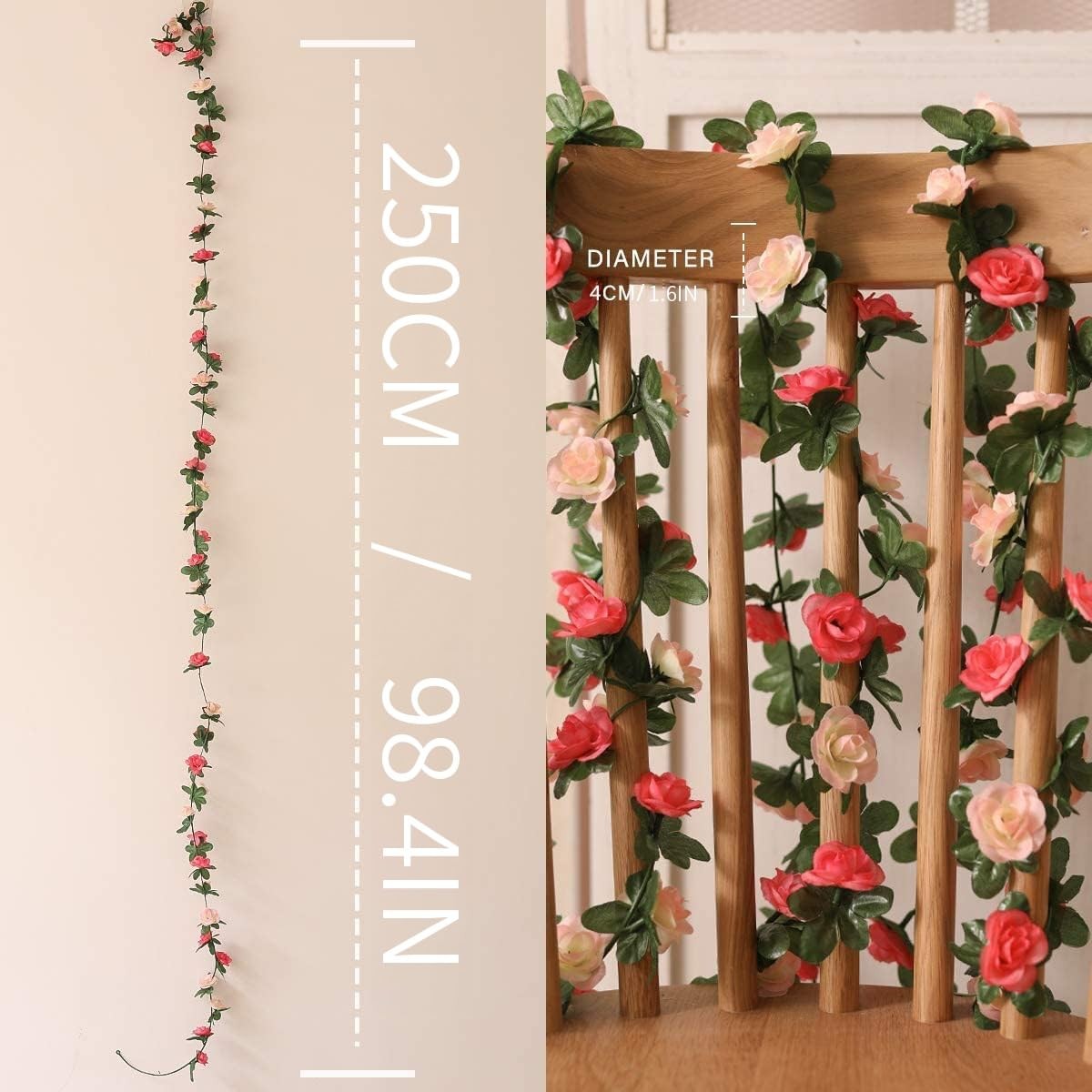 8pcs 65.6Ft Flower Garland,Fake Rose Vine Artificial Flowers Hanging Rose Ivy…