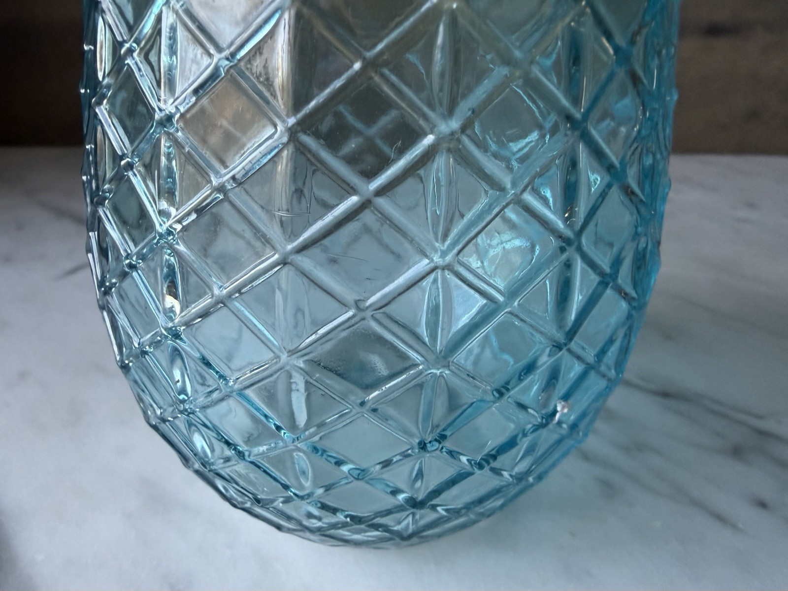 Vintage Style Blue Glass Flower Jar with Galvanized Floral Grid Lid, 5.4″