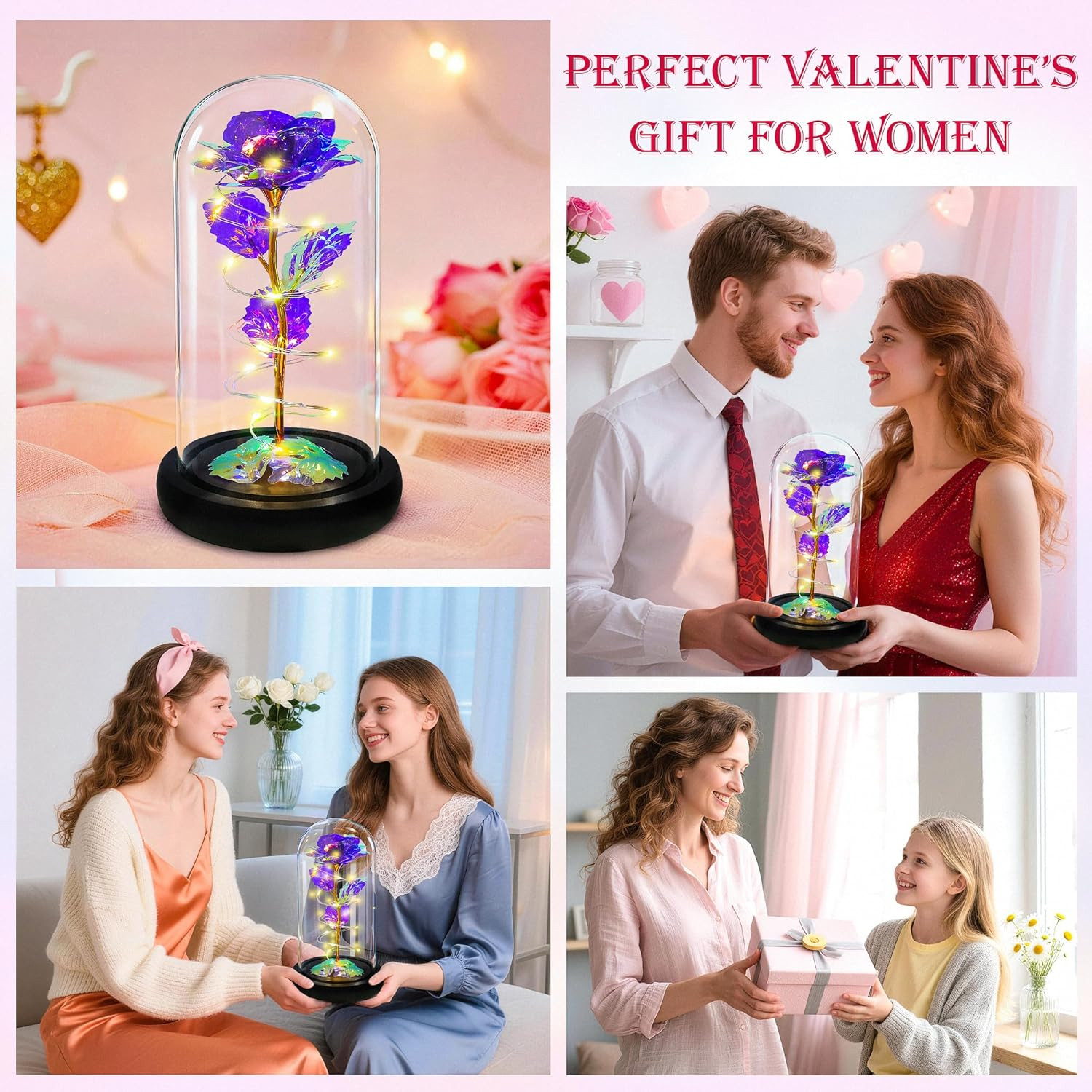 LED Purple Rose Glass Dome Gift for Her Birthday Anniversary Decor Light