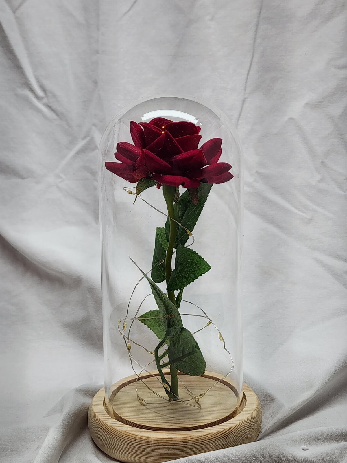 Beauty and the Beast Artificial Red Rose Glass Dome LED Lights Wood Base